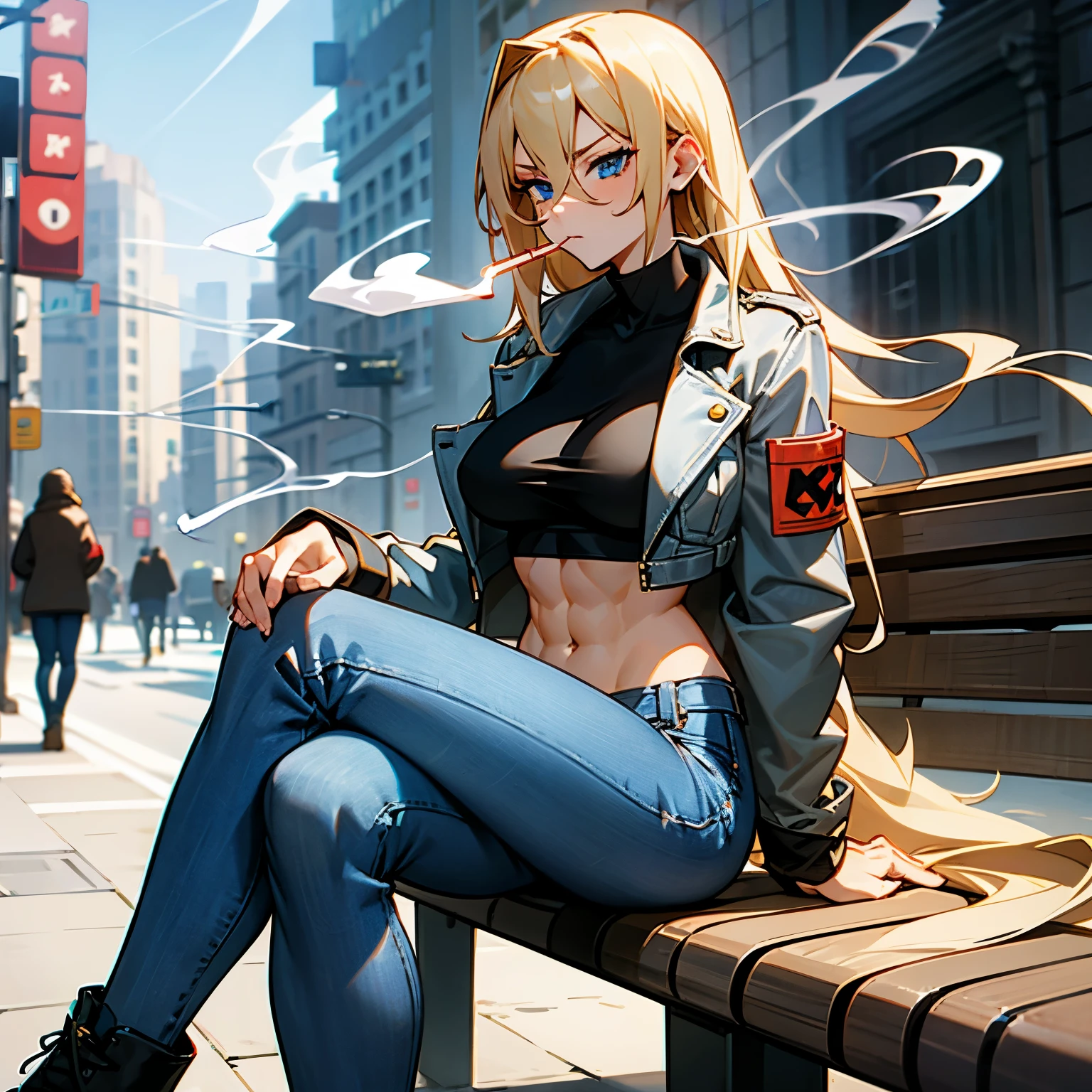 abs, tights, feet, smoking, smoker, muscled girl, large breast, large hips, blond hair, straight long hair, blue eyes, more smoke, open breast, with cigarette, wearing jeans, wearing a jeans jacket, wearing a jeans top, crowded street, combat boots, sitting on a bench, legs crossed