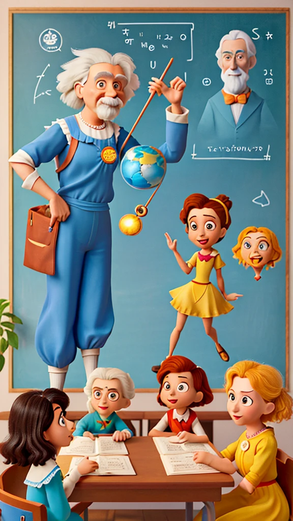 Estilo Disney y pixar. Einstein, Newton, Pitagoras,Marie Curie, Hypatya and Archimedes meeting in a classroom 