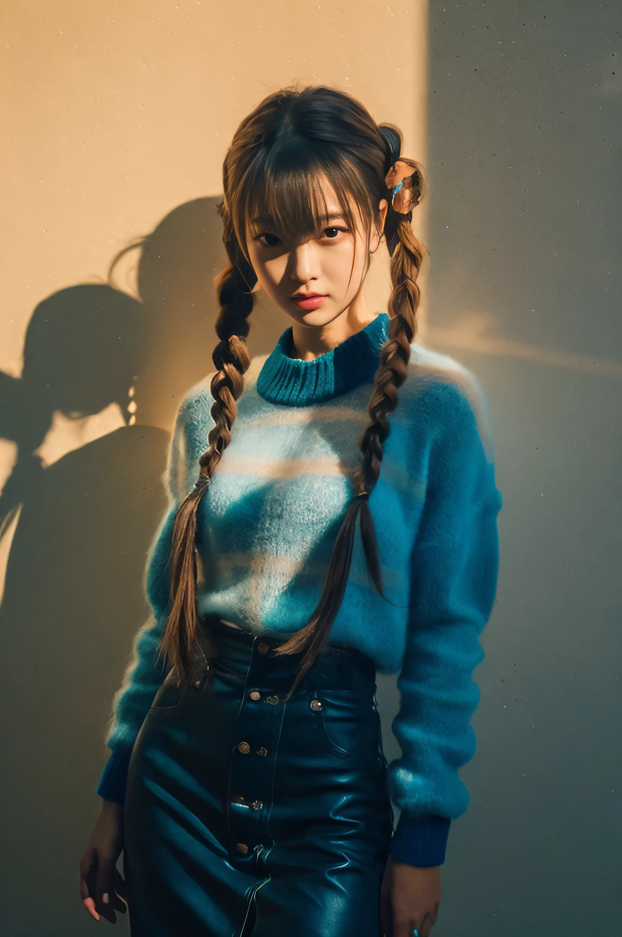 arafed woman with long hair in a blue sweater and leather skirt, mid shot portrait, pigtails hairstyle, lalisa manobal, portrait soft light, lalisa manoban of blackpink, soft light from the side, back light contrast, two pigtails hairstyle, pigtails hair, medium portrait soft light, nice afternoon lighting, high quality portrait