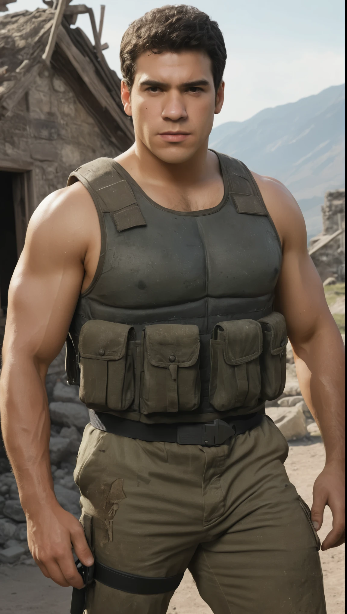 An illustrated movie poster, hand-drawn, full color, a soldier, male, 21 years-old, wearing a flak vest and tactical pants, resembles a young Lou Ferrigno, sun-tanned skin, chubby face, average height, broad shoulders, soft belly, slightly overweight, deep brown eyes, wide bulbous nose, black hair, curly taper fade, thick bushy eyebrows, extremely hairy chest, stomach, and arms, lots of body hair, posing in a ruined village, hard shadows, graphite shading, stencil markings, airbrushed acrylic paint, masterpiece, in the style of Skyrim
