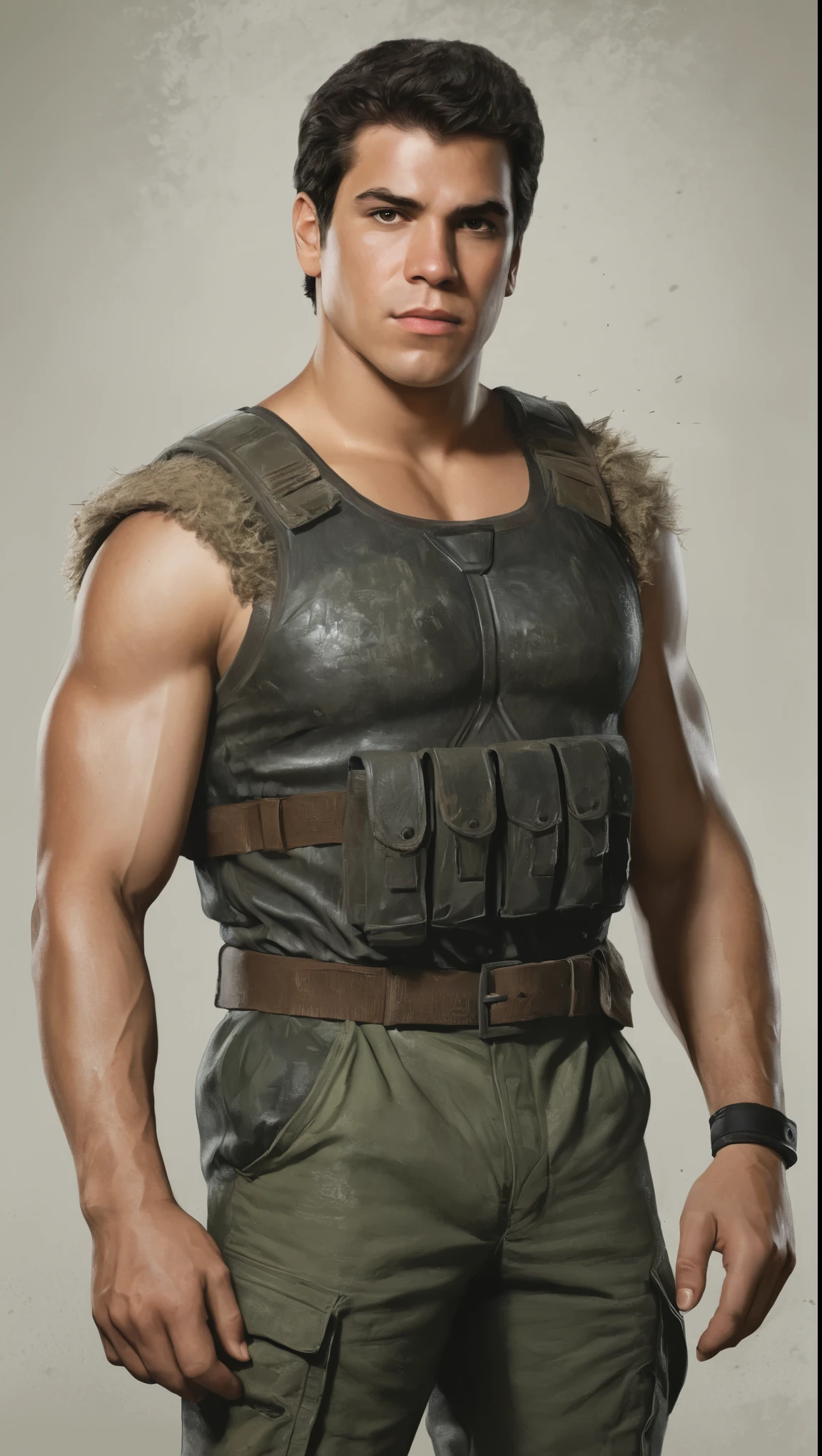 An illustrated movie poster, hand-drawn, full color, a soldier, male, 21 years-old, wearing a dirty jumpsuit, resembles a young Lou Ferrigno, sun-tanned skin, chubby face, average height, broad shoulders, soft belly, slightly overweight, deep brown eyes, wide bulbous nose, black hair, curly taper fade, thick bushy eyebrows, extremely hairy chest, stomach, and arms, lots of body hair, posing in a ruined village, hard shadows, graphite shading, stencil markings, airbrushed acrylic paint, masterpiece, in the style of Skyrim