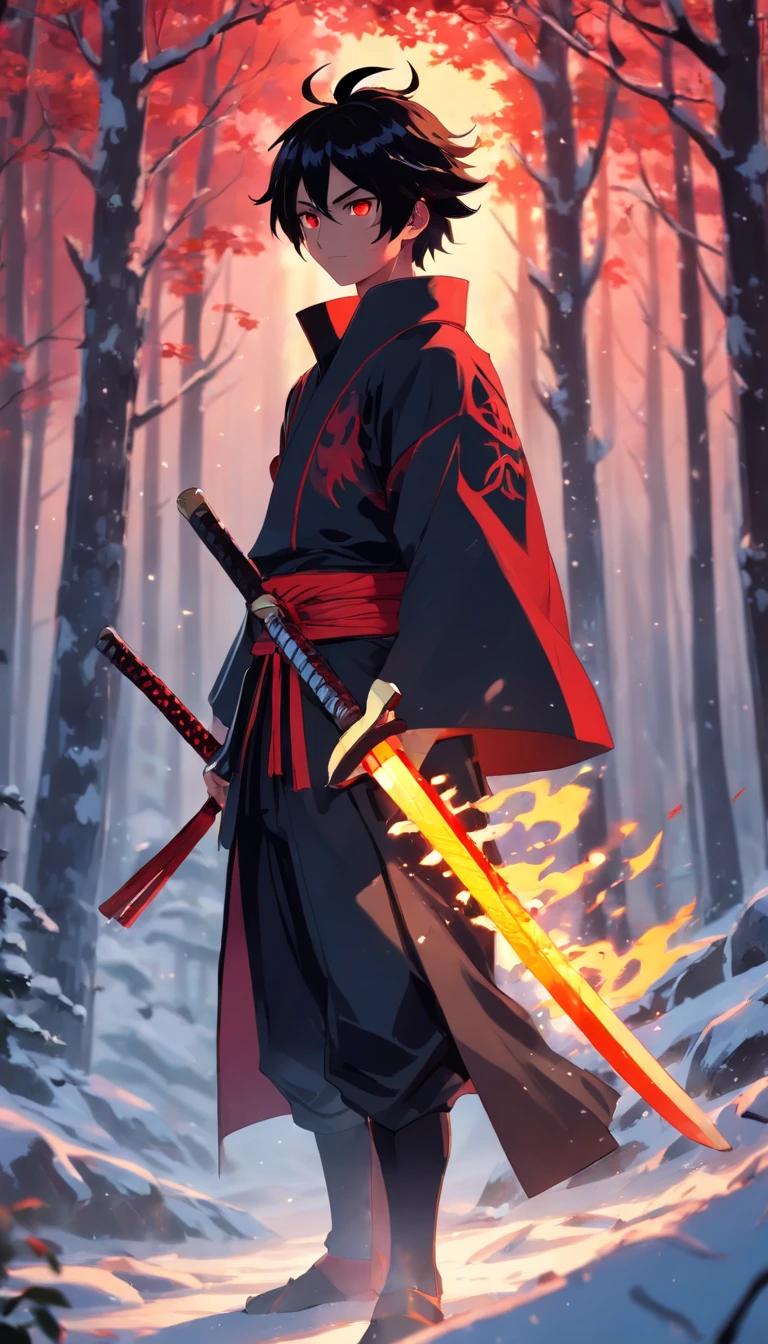 Demon slayer art style , 1 boy , short black messy hair , 1 red eye , 1 completely black eye , black and red samurai armor , Menpo style Japanese mask , with red and yellow flames , katana on hip , looking off screen , snowy forest background