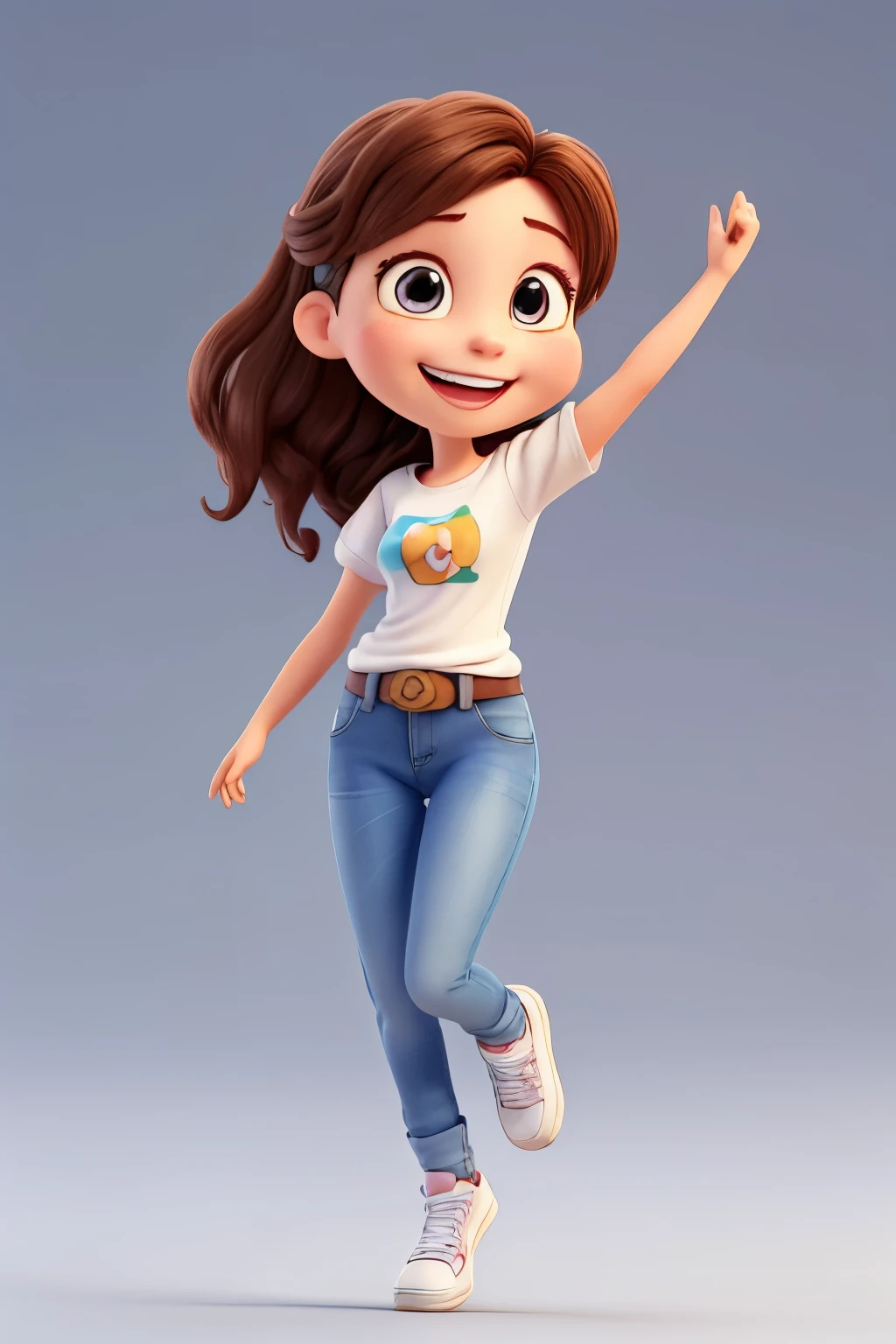 3D Character,3d rendering of a cute anime girl,8k,A young and successful Brazilian businesswoman,about 28 years old,animation character,Aurora Arruda,Aurora will be smiling,beautiful 3d rendering,Best quality,brown hair that reaches her waist,Cartoon character,Casual pose,character 3d render,character in her natural pose,character rendering,cheeky smile,cute character,Disney style,female character,female protagonist,full body,full body character drawing in the style of 3D Art,headshot profile picture,highly detailed character,jumping high and happyly with their arms up,insane smile,largely smilling,laughing huge smile,Pixar style render illustration,Posing for photos,promotional rendering,pure white color background,She is a young woman,she is smiling,Smiling female,smiling happily at the camera,straight,Stylized 3d rendering,Super Detail,toon rendering screenshot,very big smile,very happy,wearing jeans and white t-shirt,wearing sneakers,white skin,work of art,young wonn with a huge smile