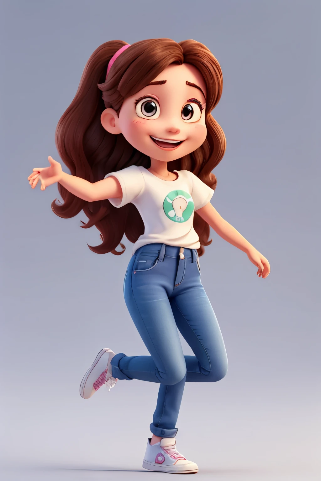3D Character,3d rendering of a cute anime girl,8k,A young and successful Brazilian businesswoman,about 28 years old,animation character,Aurora Arruda,Aurora will be smiling,beautiful 3d rendering,Best quality,brown hair that reaches her waist,Cartoon character,Casual pose,character 3d render,character in her natural pose,character rendering,cheeky smile,cute character,Disney style,female character,female protagonist,full body,full body character drawing in the style of 3D Art,headshot profile picture,highly detailed character,jumping high and happyly with their arms up,insane smile,largely smilling,laughing huge smile,Pixar style render illustration,Posing for photos,promotional rendering,pure white color background,She is a young woman,she is smiling,Smiling female,smiling happily at the camera,straight,Stylized 3d rendering,Super Detail,toon rendering screenshot,very big smile,very happy,wearing jeans and white t-shirt,wearing sneakers,white skin,work of art,young wonn with a huge smile