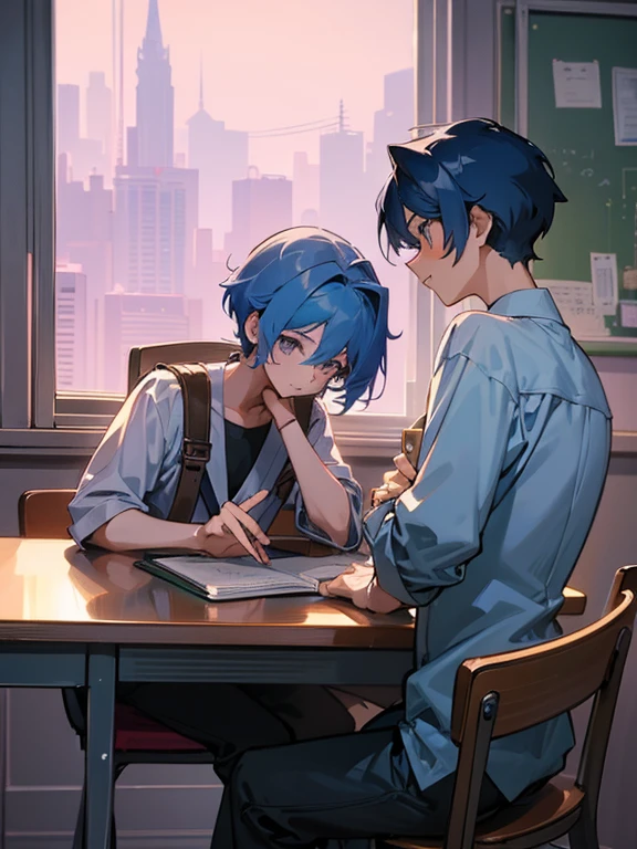 cartoon of two boys sitting at a table with a book and a backpack, ddlc, in the art style of 8 0 s anime, 9 0 s anime style, 90s anime style, in anime style, in an anime style, anime aesthetic, anime vibes, 9 0 s anime aesthetic, 9 0 s anime art style, lofi boy, typical anime classroom, beautiful background window, two cute boys, beautiful faces, two boys, don't extra hands, NO extra hands, generate two boys with NO extra hands, NO extra arm
