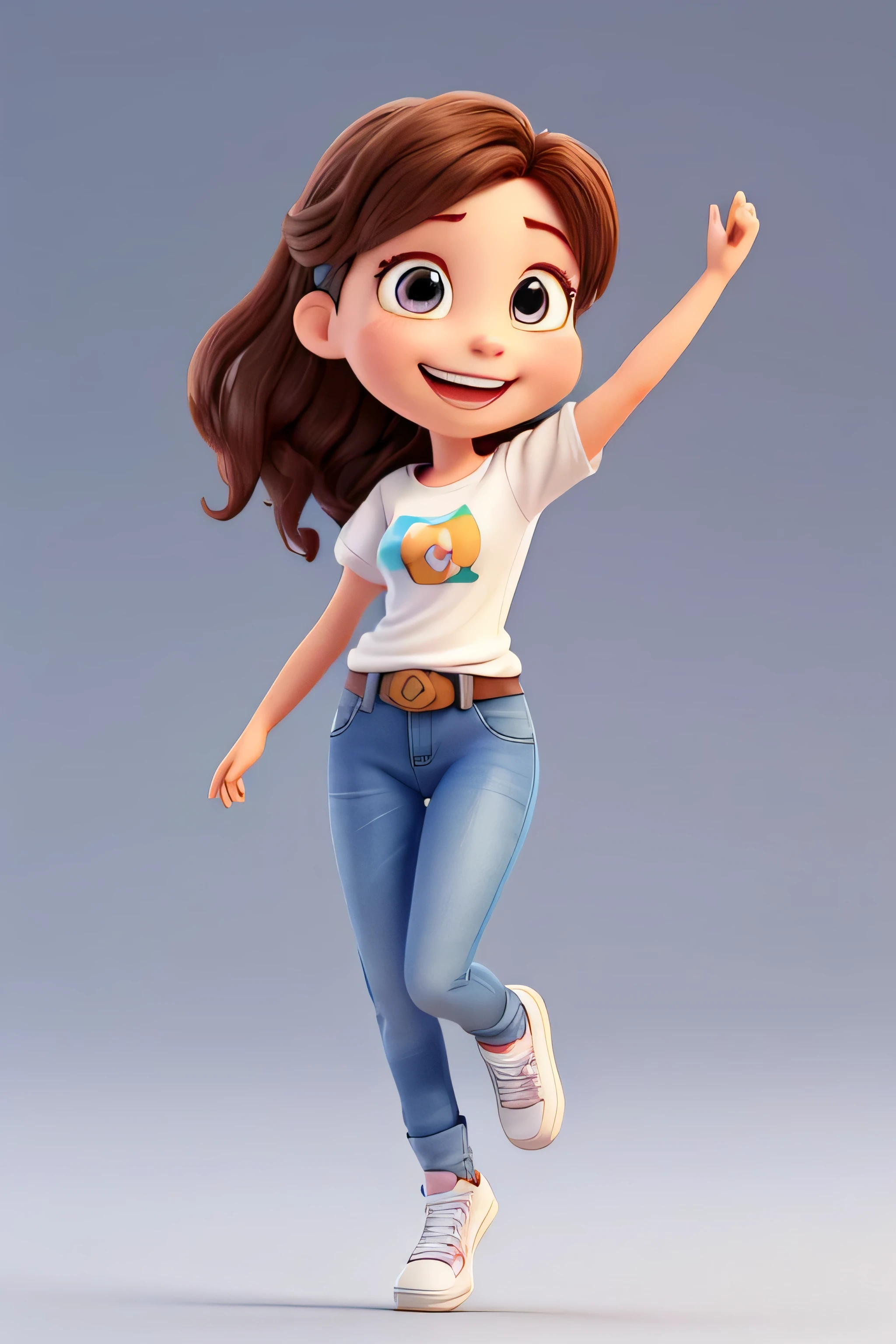 3D Character,3d rendering of a cute anime girl,8k,A young and successful Brazilian businesswoman,about 28 years old,animation character,Aurora Arruda,Aurora will be smiling,beautiful 3d rendering,Best quality,brown hair that reaches her waist,Cartoon character,Casual pose,character 3d render,character in her natural pose,character rendering,cheeky smile,cute character,Disney style,female character,female protagonist,full body,full body character drawing in the style of 3D Art,headshot profile picture,highly detailed character,jumping high and happyly with their arms up,insane smile,largely smilling,laughing huge smile,Pixar style render illustration,Posing for photos,promotional rendering,pure white color background,She is a young woman,she is smiling,Smiling female,smiling happily at the camera,straight,Stylized 3d rendering,Super Detail,toon rendering screenshot,very big smile,very happy,wearing jeans and white t-shirt,wearing sneakers,white skin,work of art,young wonn with a huge smile