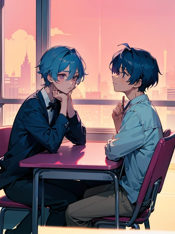 cartoon of two boys sitting at a table with a book and a backpack, ddlc, in the art style of 8 0 s anime, 9 0 s anime style, 90s anime style, in anime style, in an anime style, anime aesthetic, anime vibes, 9 0 s anime aesthetic, 9 0 s anime art style, lofi boy, typical anime classroom, beautiful background window, two cute boys, beautiful faces, two boys, don't extra hands, NO extra hands, generate two boys with NO extra hands, NO extra arm