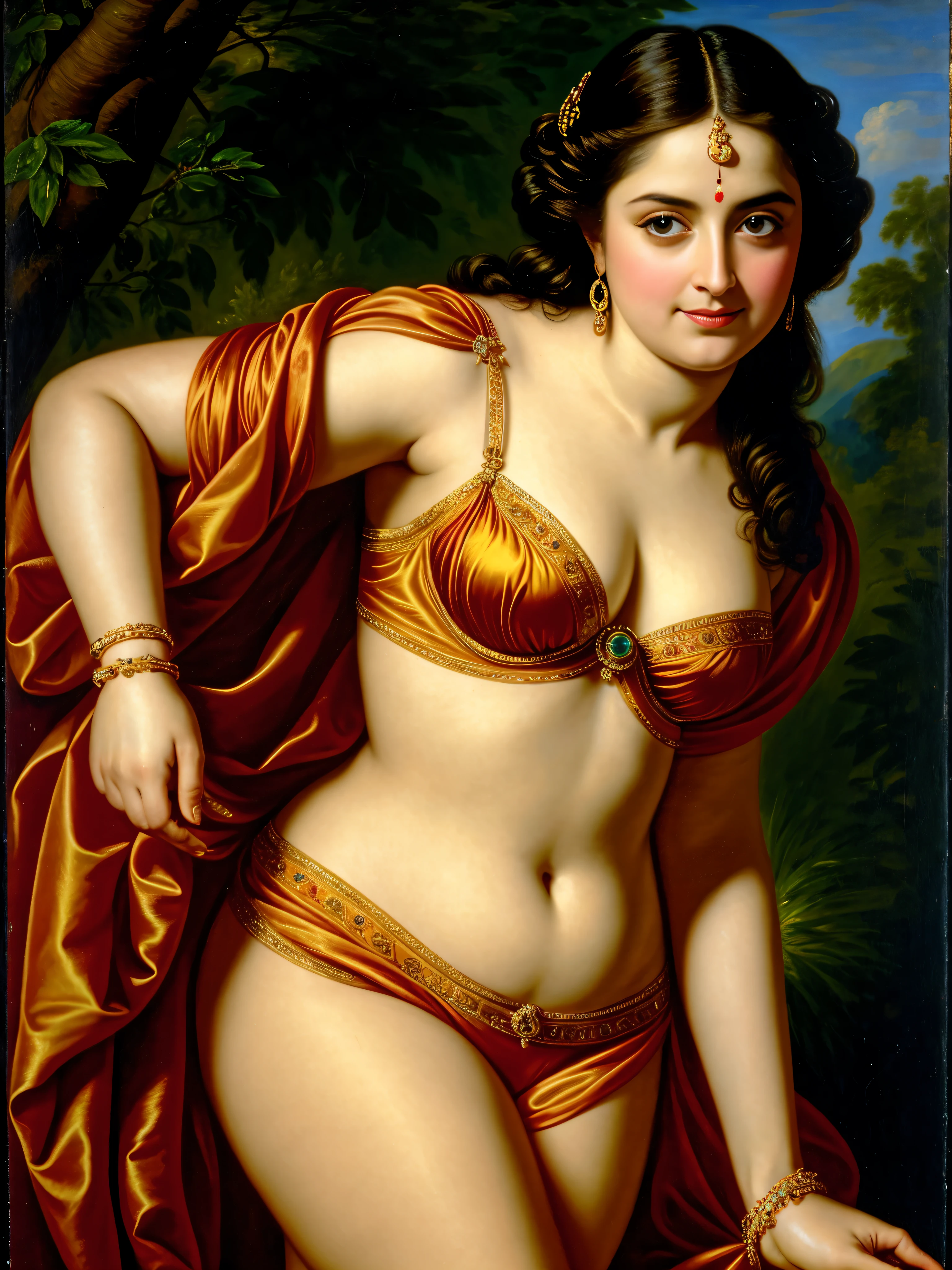 Looks like Anushka Shetty, thick figure, heavy physique, Masterpiece, Best quality, high clarity eyes, critically flawless,sharp picture, Full portrait, High pixels, perfect face, perfect eyes, beautiful face, perfect hands,perfect fingers, in Peter Paul Rubens style, by Peter Paul Rubens, baroque style, acrylic on canvas, highly detailed, description: "Create a nymph inspired by the tales of Greek or Roman mythology, embodying the essence of a natural element or location, and possessing a unique ability or trait that sets her apart.", strapless Bra of ancient times, strapless bralette, armpits showing,