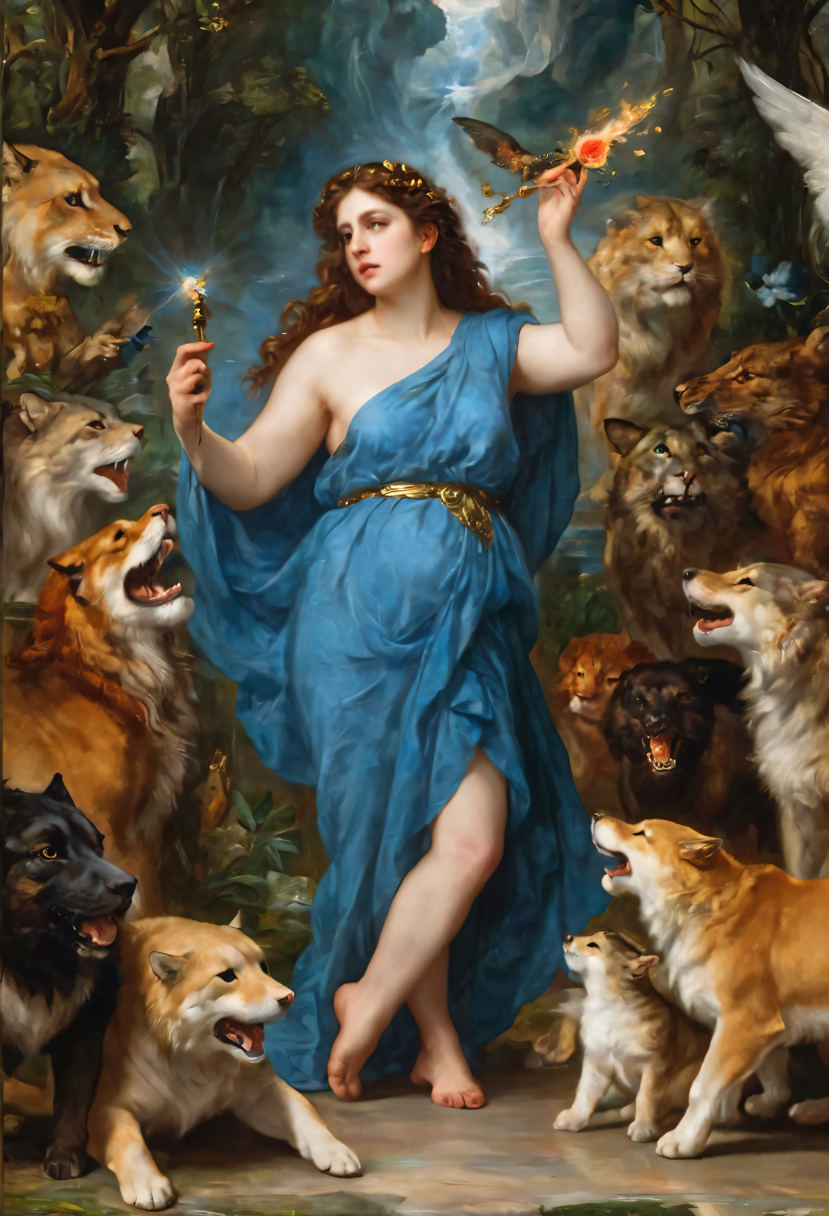 an oil painting art piece depicting the Greek Goddess Circe from Greek or Roman mythology, inspired by Peter Paul Rubens' painting style. Capture Circe's magical and enchanting presence as she stands with a mystical aura, surrounded by enchantments and mythical creatures. Infuse the painting with vibrant colors, dramatic lighting, and intricate details characteristic of Rubens' dynamic and emotive style. Let Circe's power and beauty shine through in a captivating portrayal that brings her mythological essence to life on the canvas, masterpiece, award winning, best quality, highly detailed, flawless artwork, beautiful nature in background, 