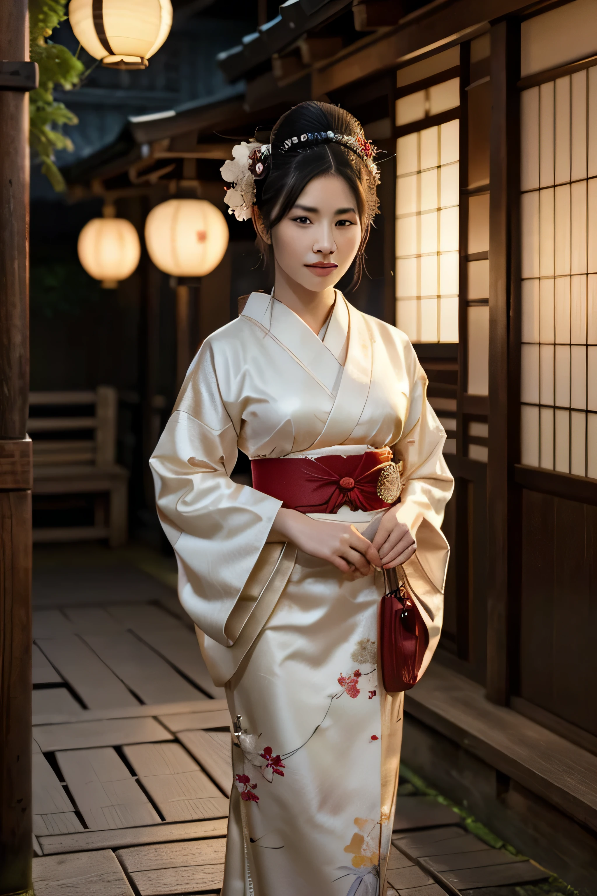 (best quality,4k,8k,highres,masterpiece:1.2),ultra-detailed,(realistic,photorealistic,photo-realistic:1.37),beautiful detailed eyes,beautiful detailed lips,extremely detailed eyes and face,long eyelashes,japanese woman,geisha in traditional clothing,well-groomed woman,slightly smiling,35-40 years old,japanese street,traditional atmosphere,traditional atmosphere,detailed kimono,geisha's white face makeup,graceful,gentle expression,geisha hairstyle,traditional japanese lanterns,lively japanese street,floral hair accessories,captivating atmosphere,vibrant colors,picturesque background,subtle smile,serene ambiance,traditional japanese setting,geisha walking elegantly,japanese culture immersion,authentic experience,meticulously crafted,professional-grade,masterful artistry,immersive painting-like effect,attention to detail,exquisite choice of colors,fine brushwork,reminiscent of traditional japanese art,HDR,UHD,studio lighting,vivid colors,lighting and shadows meticulously rendered,polished image composition,painterly quality,artistic flair,unfading beauty,exotic charm,ethereal elegance,meticulously hand-painted aesthetics.