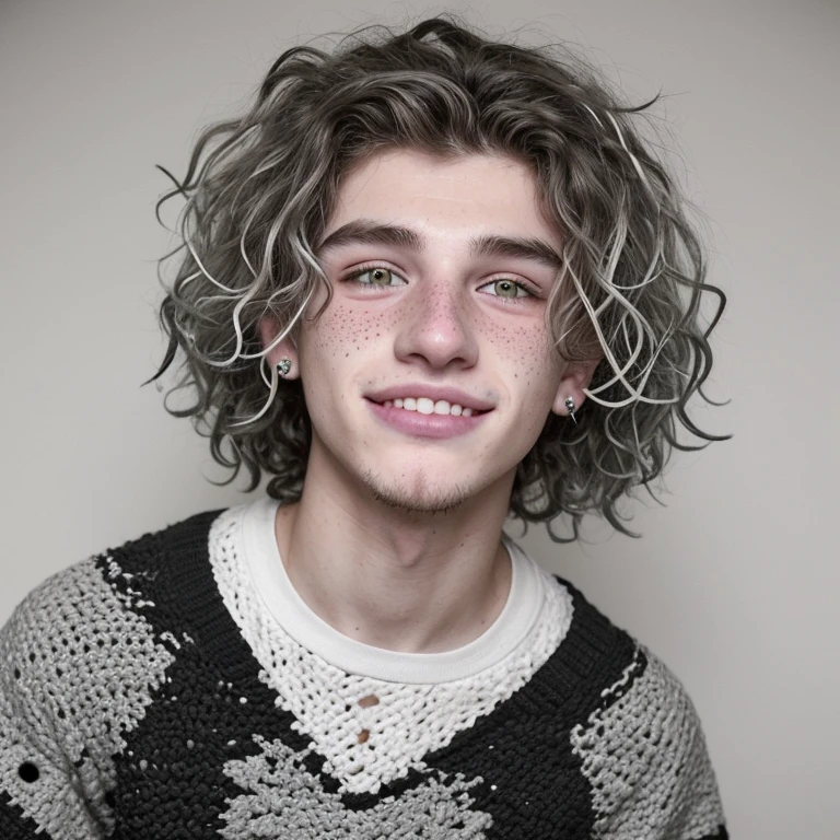 20 year old man with wavy hair dyed white, muchas pecas en su rostro, ojos verdes que muestras su inocencia, sonriendo a la camara con amabilidad, tendria piercings de color negro en ambos extremos del labio. Ropa un sueter gris estilo crochet que le queda levemente grande