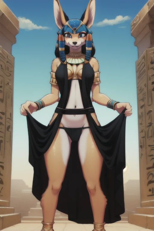 (hi res), ((masterpiece)) , ((best quality)), illustration,
1girl, anubis, anubian jackal, canid, canine, canis, deity, jackal, mammal, ankh, anthro, black body, black hair, black sclera, black skin, bottomwear, dress, chain, clothing,standing, egyptian, female, glistening, glistening body, gold \(metal\), gold jewelry, hair, jewelry, loincloth, navel, solo, from below,