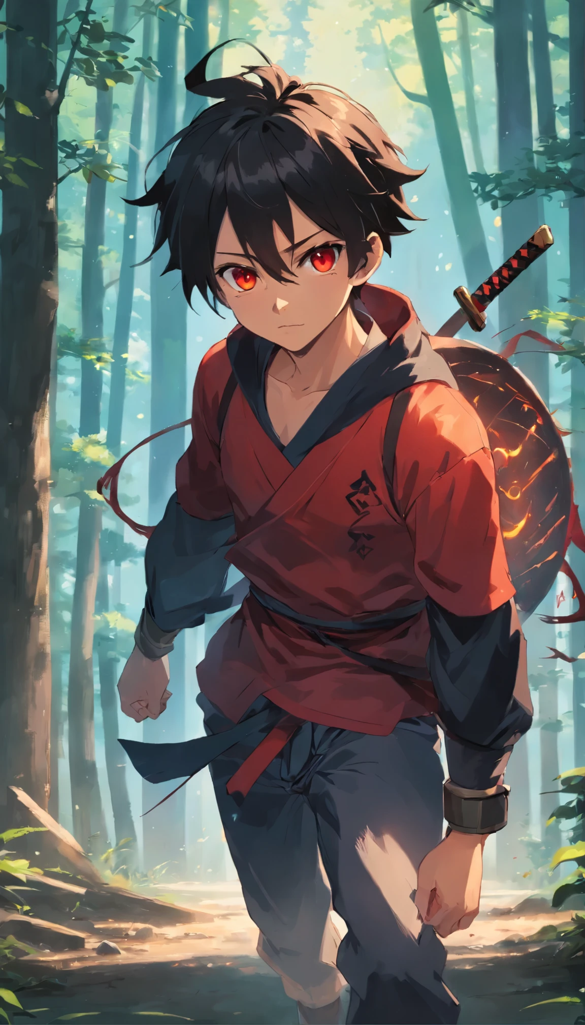 Demon slayer art style , 1 boy , short black messy hair , 1 red eye , 1 completely black eye , black and red samurai armor , Menpo style Japanese mask , with red and yellow flames , katana on hip , looking off screen , snowy forest background All the things of this boy are going to be normal, but this house, this boy, there is going to be just a house in its background and some people who will be pointing fingers at him and tears will be coming out of this boy's eyes. This girl's face and hair and everything is going to be different. The clothes on his body will be completely loose and he will be lying on the ground in such a way that his face and body will be visible. But there will be some dust on his face which will make it clear that he is a very big robber.