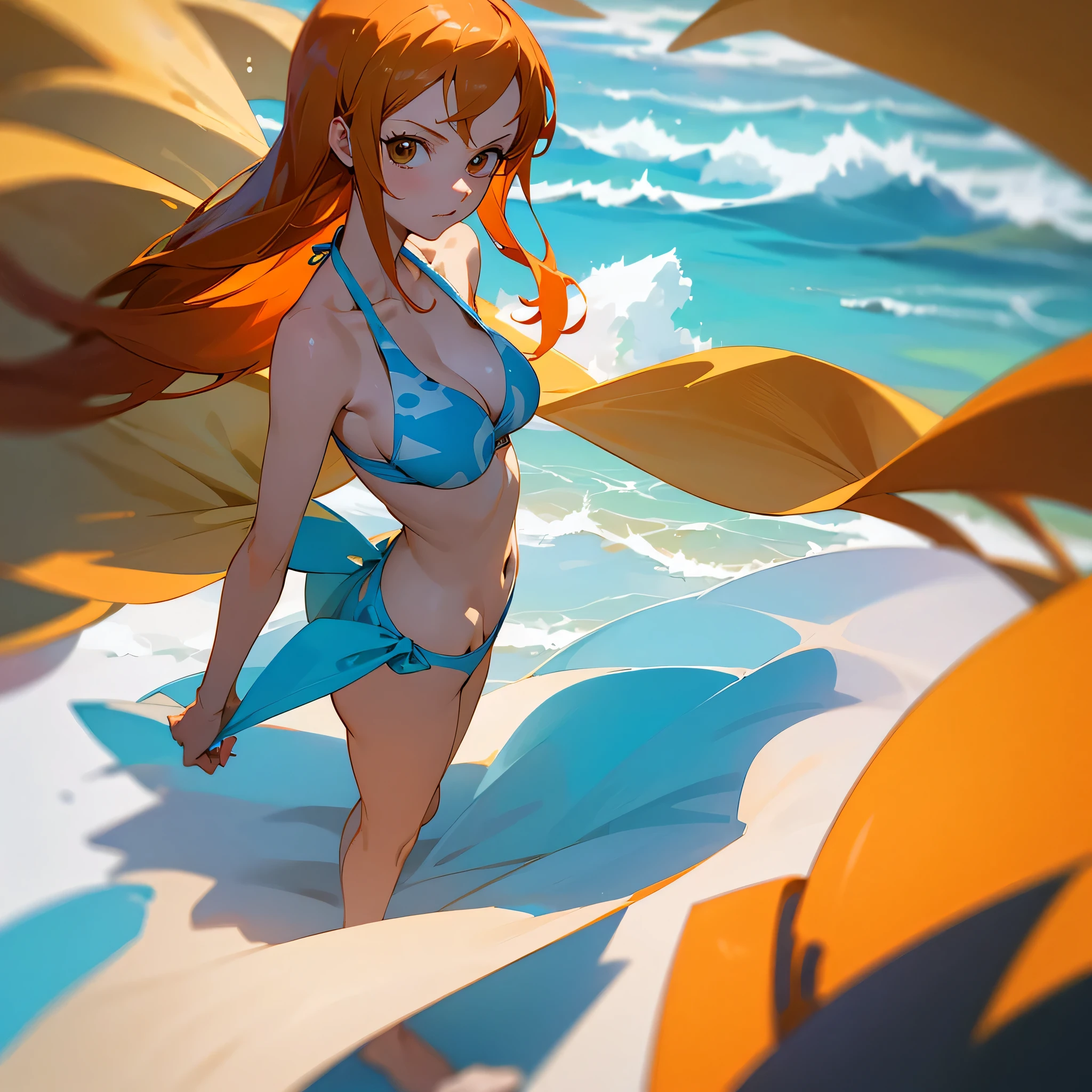Nami form One piece,high resolution, 8k, at the beach in a blue and white bikini,looking at the viewer, ultrasharp, masterpiece, only 1 girl,she stands in the center of the screen,looking at you,orange hair
