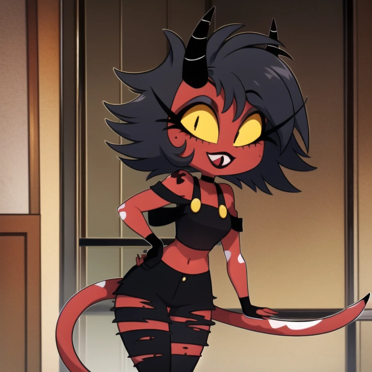 red skin, yellow sclera, black short hair, horns, black croptop, tail, elf ears, 1girl, millie, demon girl, black ripped jeans