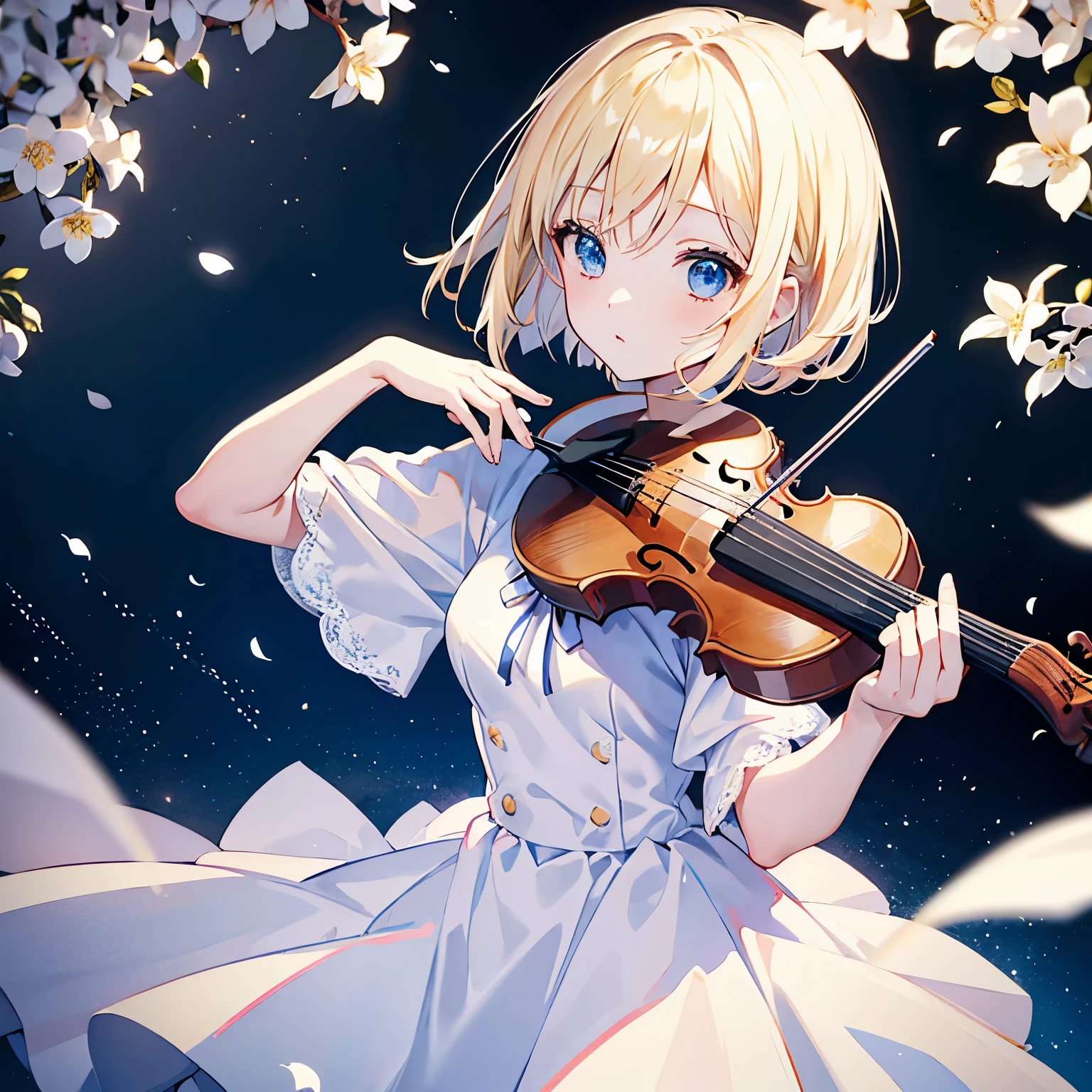 Alone Girl（blonde bob、blue eyes、white dress、blue ribbon、violin）