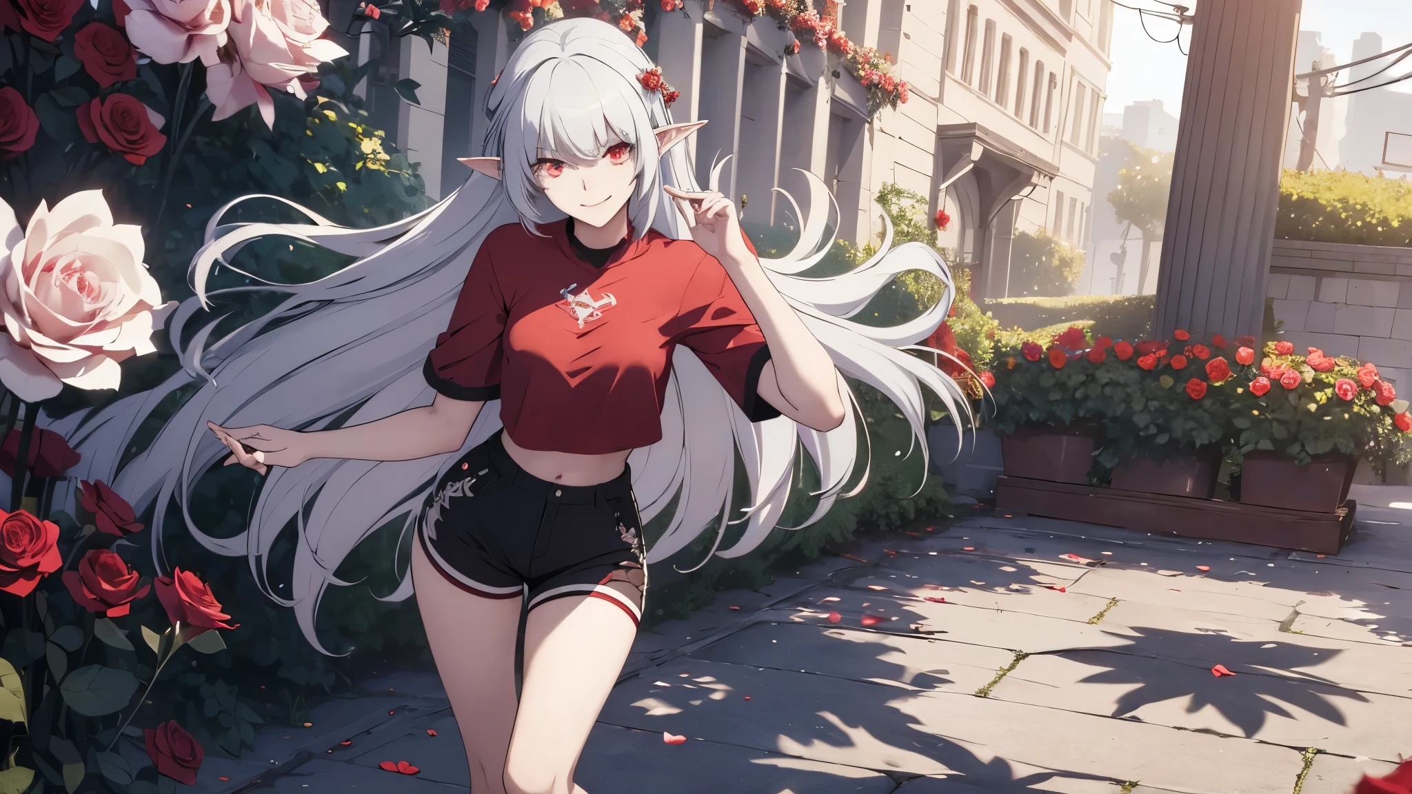 alice,vampire,grey hair, long hair, red eyes, pointy ears, small breasts,young beautiful girl, smiling, looking at the camera, standing in front of a clump of roses, white sneakers. Wearing a top and shorts, flowers, full-body photo, casual pose, slender legs, (correctly drawn palms and fingers)