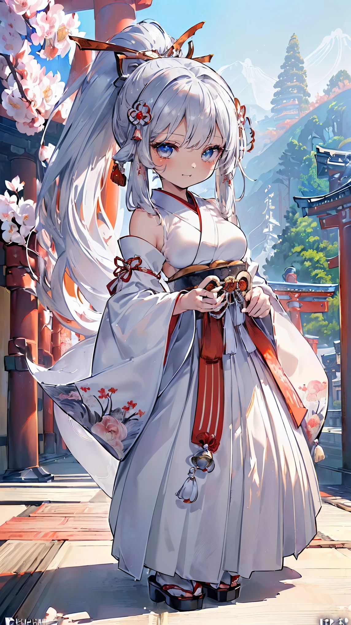 (((Masterpiece))), (((Highest quality))), ((Ultra-detailed)), ((Super fine illustration)), ((Ultra-fine painting)), (16K highest quality wallpaper:1.4), (Chibi:2.0), (Full body:1.6), HDR, (Highly detailed and delicate illustration style:1.8), Detailed skin texture, Detailed cloth texture, Extreme detailed description, (T-masterpiece), (Highly detailed face:1.2), (Highly detailed silver fox ears:1.2), (Highly detailed shiny ponytail:1.2), (Highly detailed beautiful eyes:1.2), (Highly detailed silver nine tails:1.2), Original, RAW photo, Professional, Intricate details, Super details, Direct light:1.6, (Perfect anatomy:1.4), (Highly detailed hands:1.2), (Highly detailed fingers:1.2), (Highly detailed fingertips:1.2), (27-years-old), Real, (Solo:1.6), ((A very beautiful and attractive silver fox fashion model who is a messenger of God and a traditional Japanese sacred shrine maiden:1.4)) BRAKE (Beautiful and adorable silver fox ears:1.6), (Highly detailed and delicate silver fox ears:1.4), (Beautiful and well-shaped big breasts:1.2), (Beautiful and well-shaped buttocks), (Beautiful and shiny silver ponytail:1.6), (Highly detailed and delicate silver ponytail:1.2), (Beautiful clear blue eyes that shine with great detail:1.6), (Highly detailed and delicate blue eyes:1.2), (Highly detailed face:1.4), (Smile:1.3), (Blush:1.2), (Looking at viewer:1.4), (Celebration:1.4), (Standing:1.2) BRAKE ((Brightly white and red colored) and divine traditional shrine maiden costumes at Japanese shrines:1.4), (Japanese divine traditional costume:1.2) BRAKE (Highly detailed and beautiful Ise Grand Shrine in Mie Prefecture just after noon in spring in the background:1.6), (Celebration:1.4), (Cherry blossoms:1.2), Highly beautiful in the sunny sky background just after noon:1.2 BRAKE