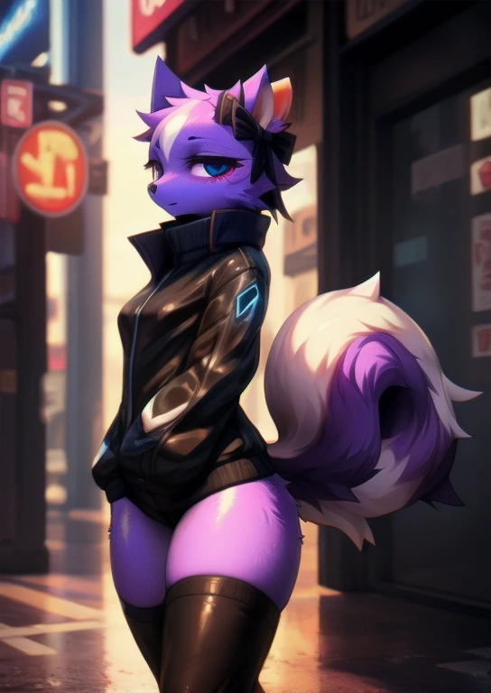 uploaded on e621, (by Whooo-Ya, by Sskomu \(artist\), by Kakure Eria),
solo female (cute purple skunk girl, blue eyes, Shikabane, a single small cute purple squirrel tail), slender  body, thigh high socks, 
(wear black jacket, ), (small breasts), black converse shoes,
((detailed fluffy fur)), (looking at viewer, full body shot, three-quarter view),
BREAK,
((Walking at city street on sunset day)), ( fog, mist, cyberpunk, neon light),
(detailed background, depth of field, half body shadow, sunlight, ambient light on the body),
(masterpiece, best quality, ultra realistic, 4k, 2k, (high detail:1.3),
(3d \(artwork\):1.2), blender \(software\), (soft focus:1.2), ray tracing, (unreal engine:1.3), absurd res),sexy