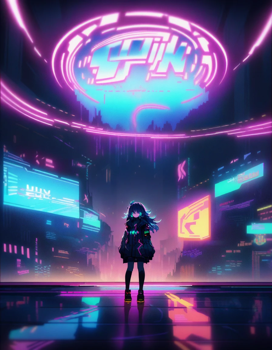 1girl, (((Futuristic, sci-fi, techy, cyberpunk))) ((((glowing neon lights)))), glitch art,  8-bit pixel art font, chunky, thick strokes, bright vivid neon colors, fantasy, magic, mist, creative, innovation ((inspired by Cyberpunk 2077 game, TRON movies, Blade Runner movie)), digital painting, Unreal Engine, isometric view, cinematic lighting . (masterpiece), (best quality), (ultra-detailed), very aesthetic, illustration, disheveled hair, perfect composition, moist skin, intricate details, anime artwork, anime style, visual, vibrant, studio anime, highly detailed, aesthetic