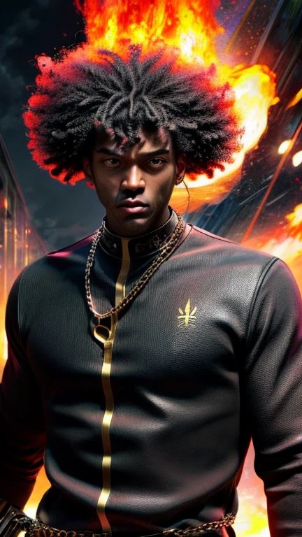 a close up of a person with a black face, Afro American man, black twisted Afro, black hair, muscular, God, Face resembling Rhea Ripley, warrior energy, black long sleeve shirt with silver embroidered typography on sleeve, intricate design on shirt, Crimson Red Flame Aura,Nebular Diamond link chain draped around neck, stud ear piercing made out of diamond, anime art wallpaper 4 k, high resolution, beast form,anime art,masculine, black man, glowing eyes, muscular,badass, calm, patient, compassionate, attractive, naturally charming, anime 8 k, anime epic artwork, 4 k manga wallpaper, ultra hd anime wallpaper