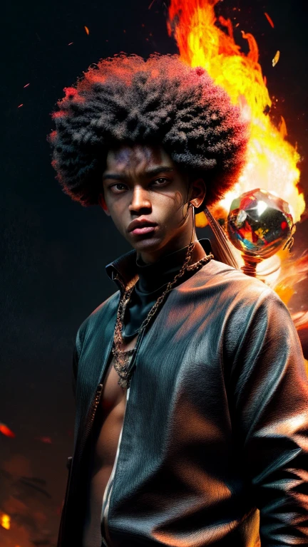 a close up of a person with a black face, Afro American man, black twisted Afro, black hair, muscular, God, Face resembling Rhea Ripley, warrior energy, black long sleeve shirt with silver embroidered typography on sleeve, intricate design on shirt, Crimson Red Flame Aura,Nebular Diamond link chain draped around neck, stud ear piercing made out of diamond, anime art wallpaper 4 k, high resolution, beast form,anime art,masculine, black man, glowing eyes, muscular,badass, calm, patient, compassionate, attractive, naturally charming, anime 8 k, anime epic artwork, 4 k manga wallpaper, ultra hd anime wallpaper