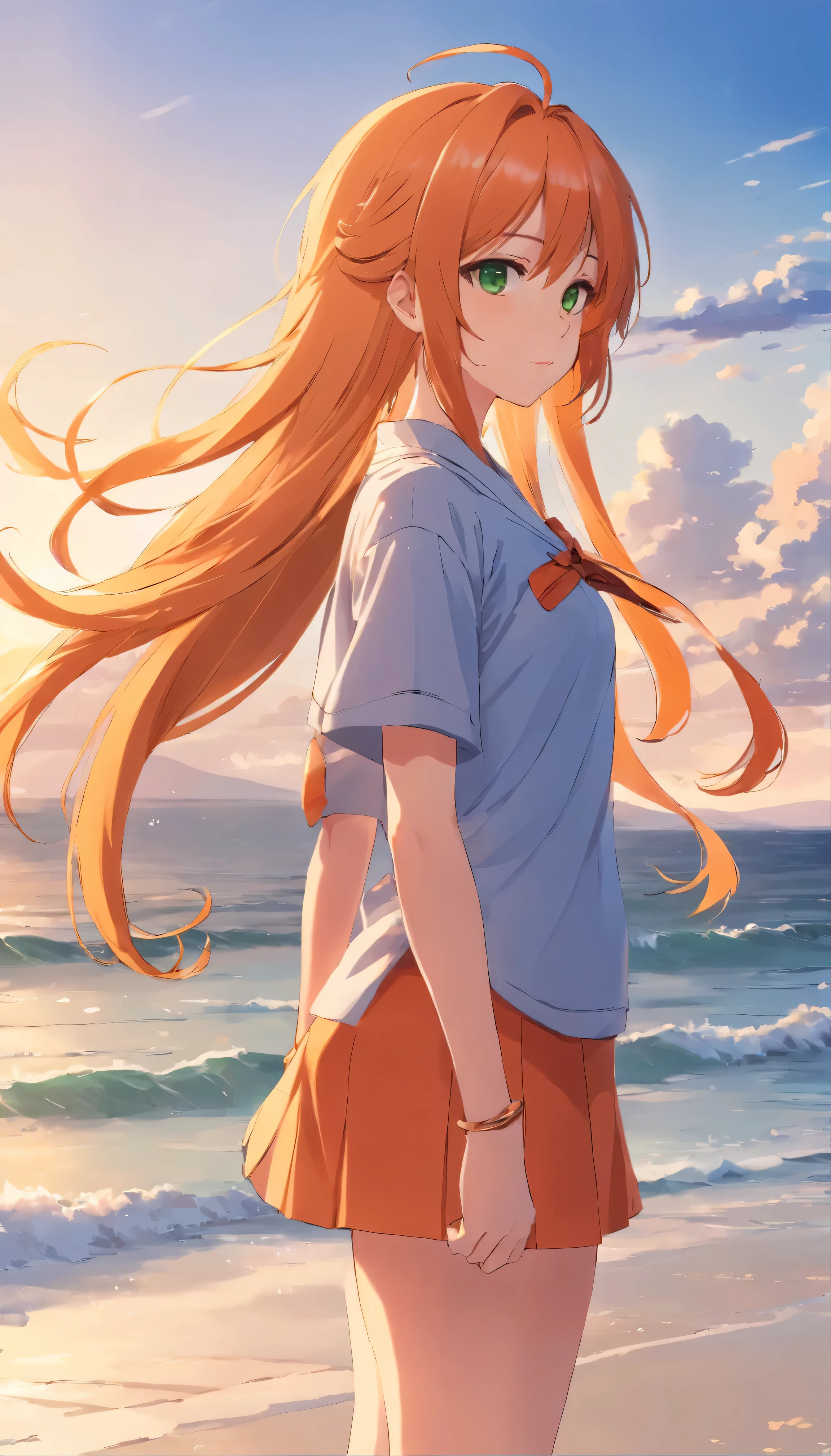Anime girl with long orange hair, standing on the beach near the ocean, green eyes detailed digital anime art, anime girl with long hair, гладкое аниме cg art, anime girl with long hair, digital anime art, work in Guweiz style, Beautiful anime portrait, Photorealistic render of an anime girl, Beautiful anime girl, advanced digital anime art, guweiz на artstation pixiv HD UHD HQ
