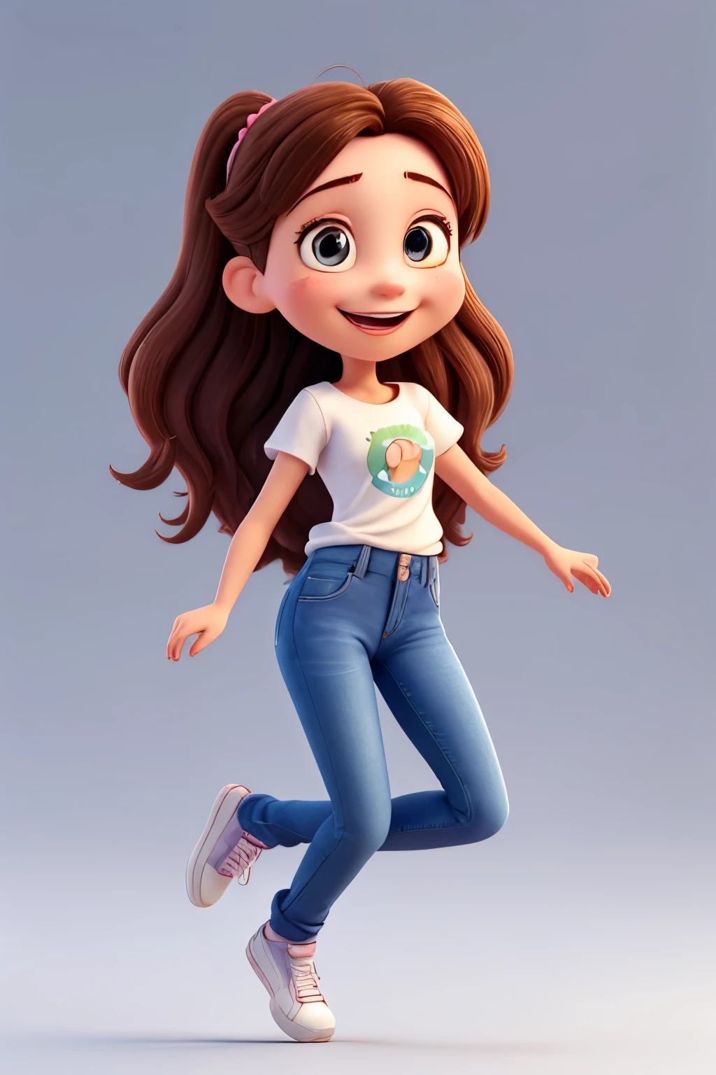 3D Character,3d rendering of a cute anime girl,8k,A young and successful Brazilian businesswoman,about 28 years old,animation character,Aurora Arruda,Aurora will be smiling,beautiful 3d rendering,Best quality,brown hair that reaches her waist,Cartoon character,Casual pose,character 3d render,character in her natural pose,character rendering,cheeky smile,cute character,Disney style,female character,female protagonist,full body,full body character drawing in the style of 3D Art,headshot profile picture,highly detailed character,jumping high and happyly with both arms opened, disney pixar style,insane smile,largely smilling,laughing huge smile,Pixar style render illustration,Posing for photos,promotional rendering,pure white color background,She is a young woman,she is smiling,Smiling female,smiling happily at the camera,straight,Stylized 3d rendering,Super Detail,toon rendering screenshot,very big smile,very happy,wearing jeans and white t-shirt,wearing sneakers,white skin,work of art,young wonn with a huge smile