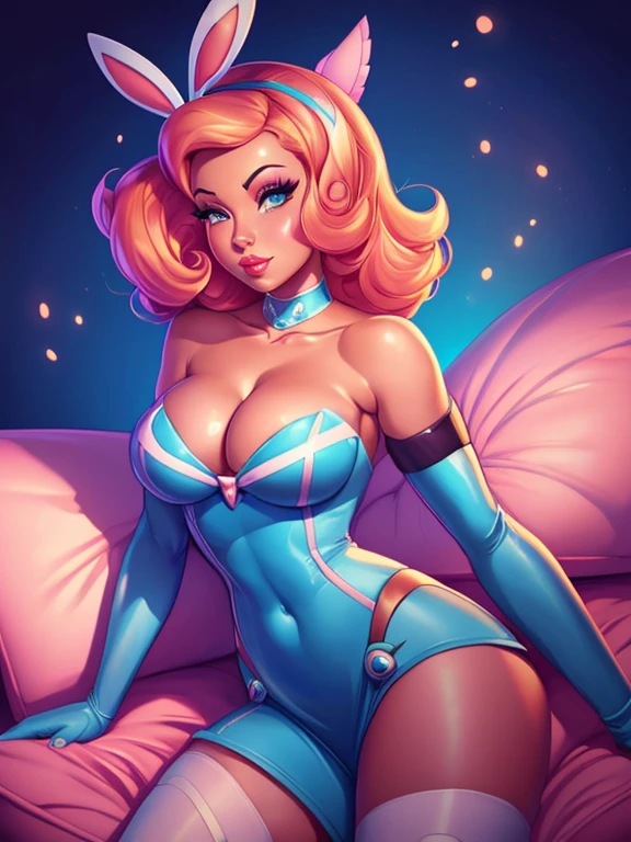 create a digital painting, 4k, best quality,SexyToon,a cartoon of a woman dressed as a bunny sitting on a pillow, pinup of marker from overwatch, overwatch marker in a bikini, fanart of bunny lola, marker in a skintight dress, a juicy human-like peach, cutesexyrobutts, chin, highlighter, pin-up art, Lois van Baarle and Rossdraws, Orianna
