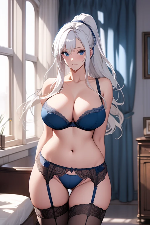 thighhighs, ((huge breasts)), wide hips, thick thighs, white hair, long hair, blue eyes, (highres, masterpiece), bed, curtains, window, (garter belt:1.2), ponytail, bra, panties, ((functionally nude)), black legwear, blue bra, blue panties, seductive smile, standing, hand on hip