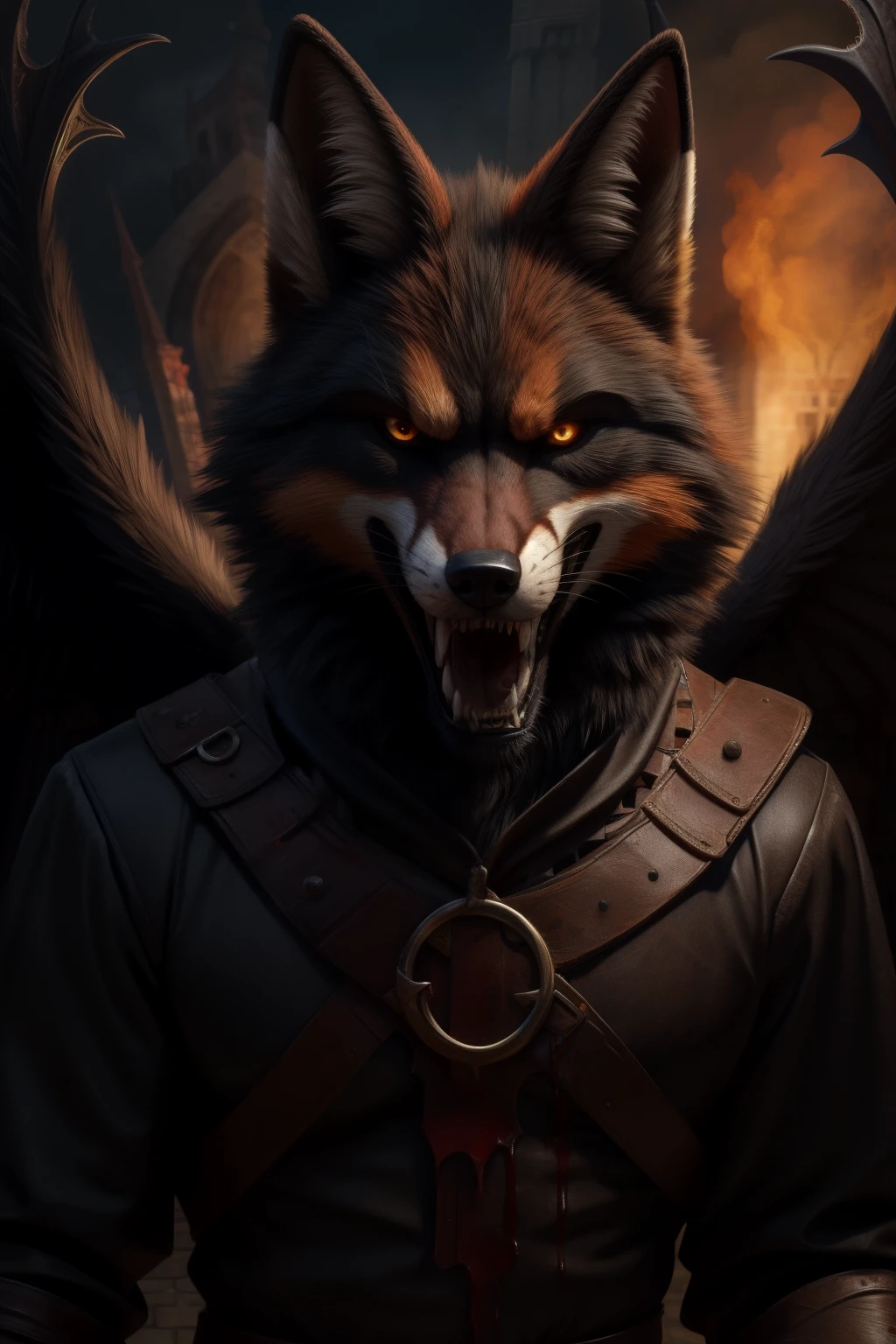 dark lord fox male fursuit looking at the viewer seriously angry expression open black wings totally destroyed medieval background blood horror art