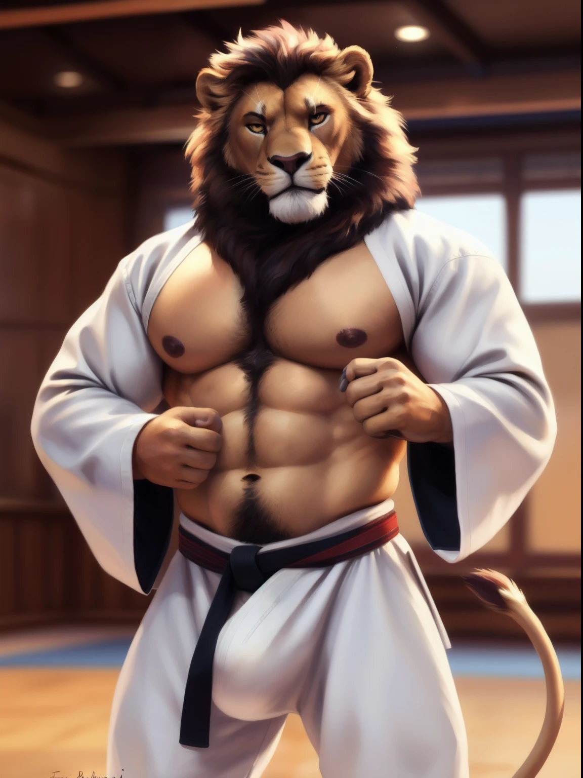 Lion, male, solo, adult, partially clothed, abs, pecs, nipples, karate, karate kimono, open karate kimono, shirtless, muscular, serious_face, bodybuilder body, beefy, bulge, looking_at_viewer, dojo background 
by bruteandbrawn, by personalami, by kenket, (intricate, high detail, film photography, soft focus, RAW candid cinema,
photorealism, realistic, photorealistic, analog style, subsurface scattering,
masterpiece, best quality, ultra realistic, 8k)