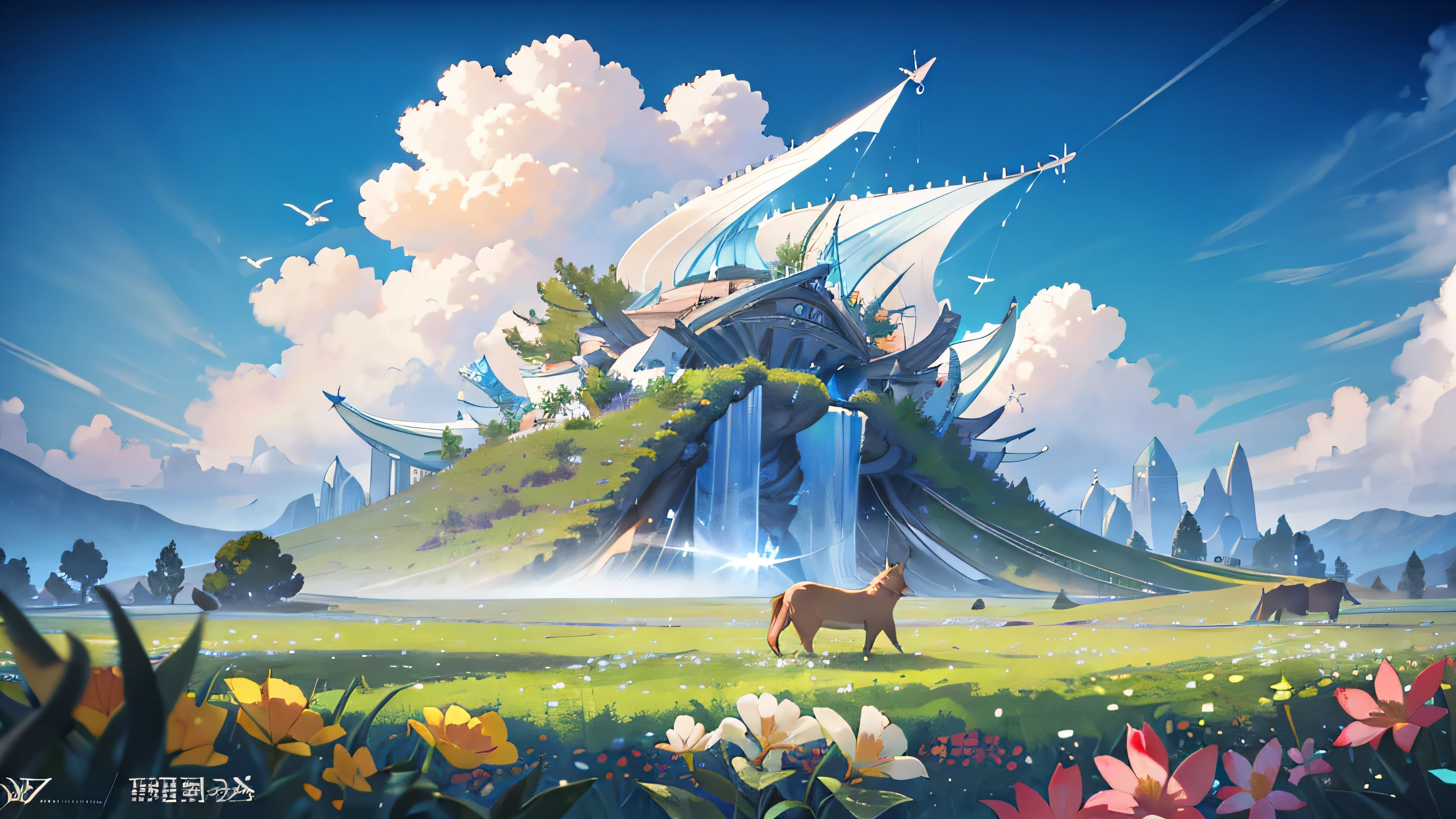 summer, Pasture, some small flowers, heavenly scenery, big cloud, blue sky, hot weather, HD detailed, Wet watermark, hyper detail, cinematic, surrealism, soft light, deep field focus bokeh, ray tracing, and surrealism. --v6