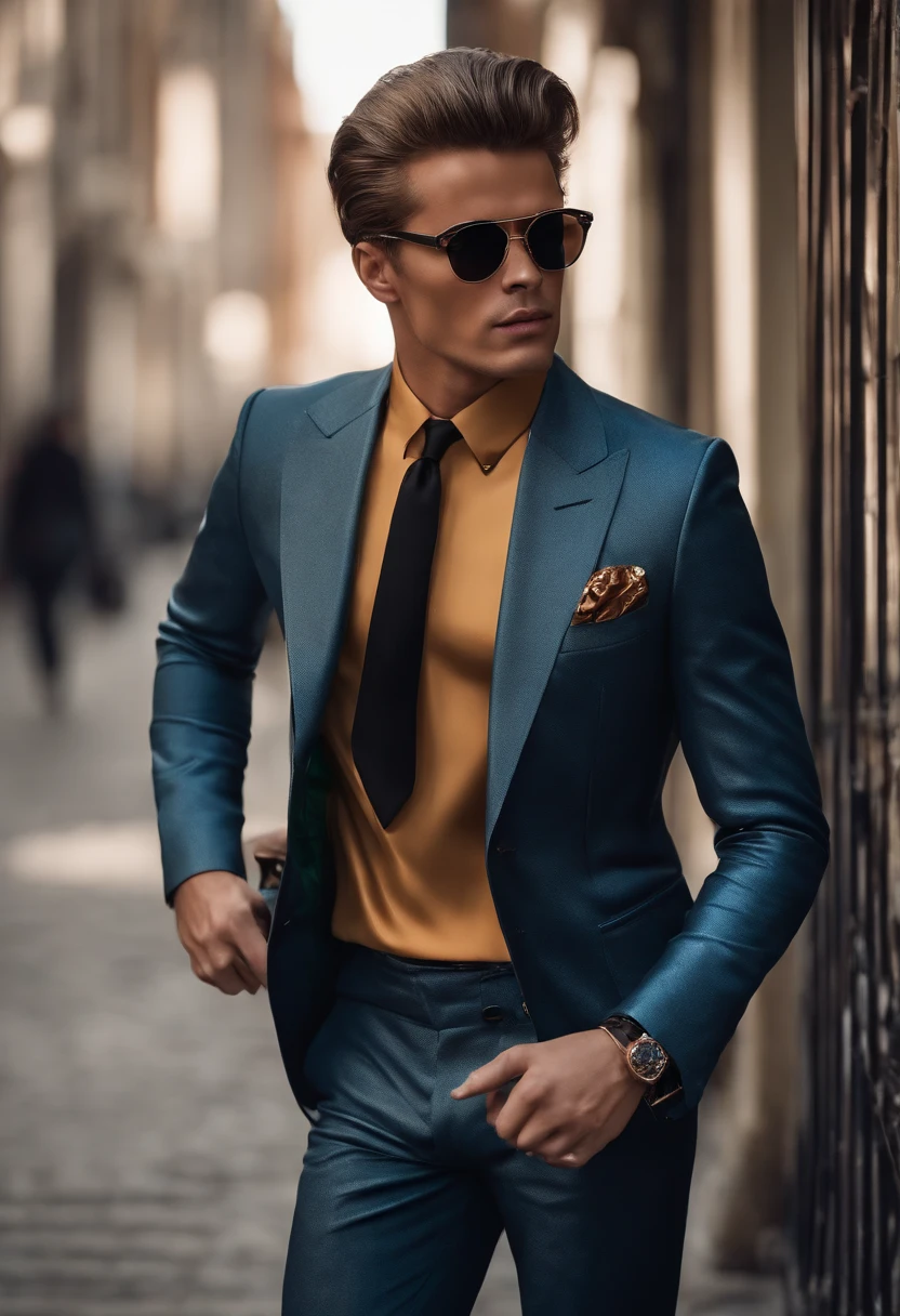 (best quality,realistic),1950s and 2000s fashion combination for men,retro futuristic,stylish,blend of vintage and modern,classic details with contemporary twist,vibrant colors,high contrast lighting,3D rendering,full-body portraits,wide-angle shots,futuristic hairstyles,metallic fabrics,leather jackets,sleek suits,polished shoes,retro sunglasses,skinny ties,tailored shirts,denim pants,cropped jackets,urban backgrounds,graffiti walls,city nighttime scenes,street fashion,impeccable grooming,confident expressions,fun and edgy,iconic accessories,luxury watches,carrying designer bags,posing with motorcycles,street photography style.