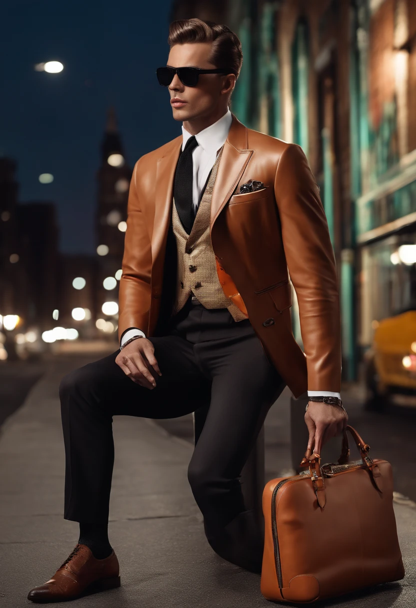 (best quality,realistic),1950s and 2000s fashion combination for men,retro futuristic,stylish,blend of vintage and modern,classic details with contemporary twist,vibrant colors,high contrast lighting,3D rendering,full-body portraits,wide-angle shots,futuristic hairstyles,metallic fabrics,leather jackets,sleek suits,polished shoes,retro sunglasses,skinny ties,tailored shirts,denim pants,cropped jackets,urban backgrounds,graffiti walls,city nighttime scenes,street fashion,impeccable grooming,confident expressions,fun and edgy,iconic accessories,luxury watches,carrying designer bags,posing with motorcycles,street photography style.