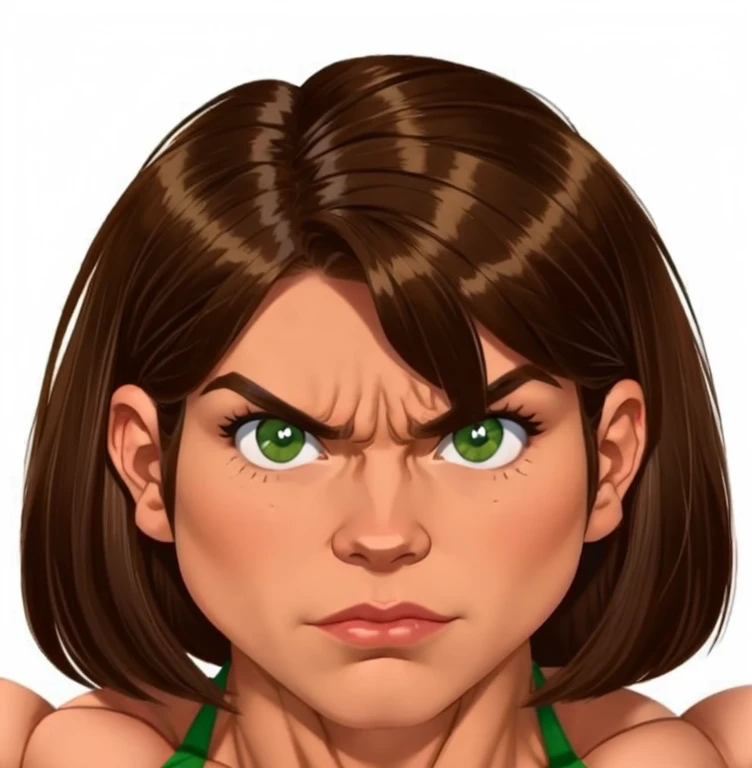 muscle woman with brunette hair wearing green bikini flexing massive muscles, most muscular pose, woman with huge muscles, mature woman, stern expression, green eyes, angry expression