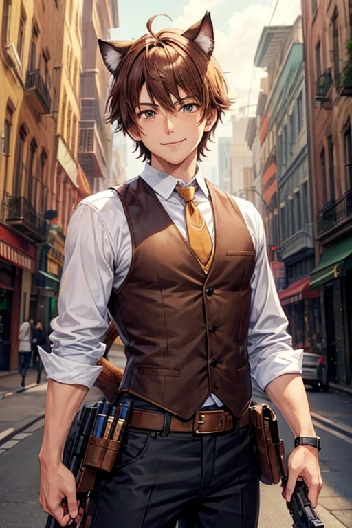 Man, anime, wearing a brown vest suit, has cat ears and tail, with brown hair, brown eyes, has a holster in the belt, holding an old handgun, short hair style, tanned skin, best quality, smiling, vintage city background,