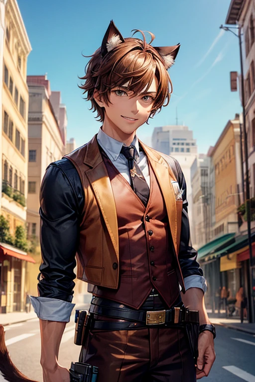 Man, anime, wearing a brown vest suit, has cat ears and tail, with brown hair, brown eyes, has a holster in the belt, holding an old handgun, short hair style, tanned skin, best quality,  smiling, vintage city background, 