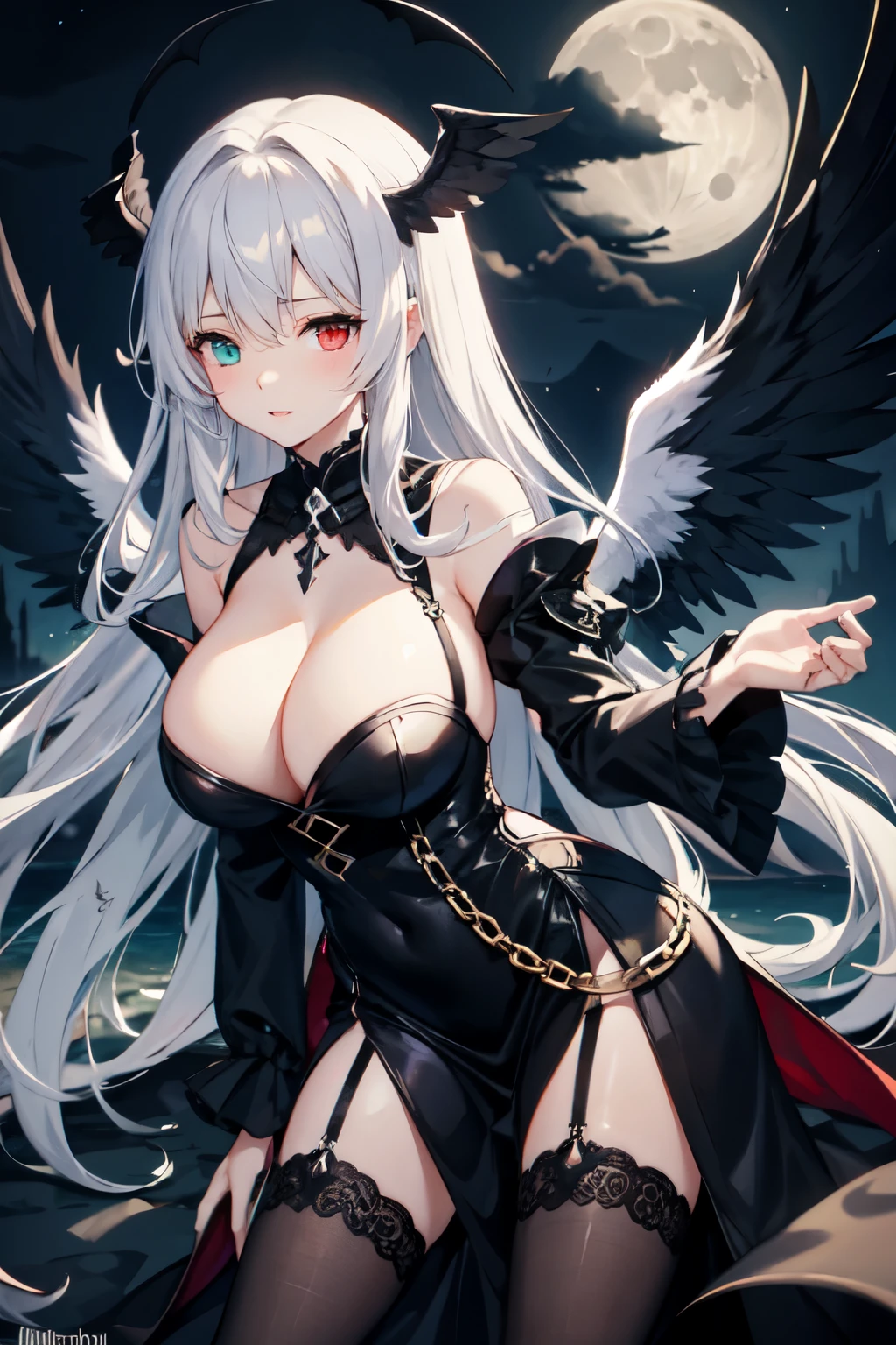 night, moonlight, gothic dress, black wings, fallen angel, long hair, heterochromia, girl, big breast