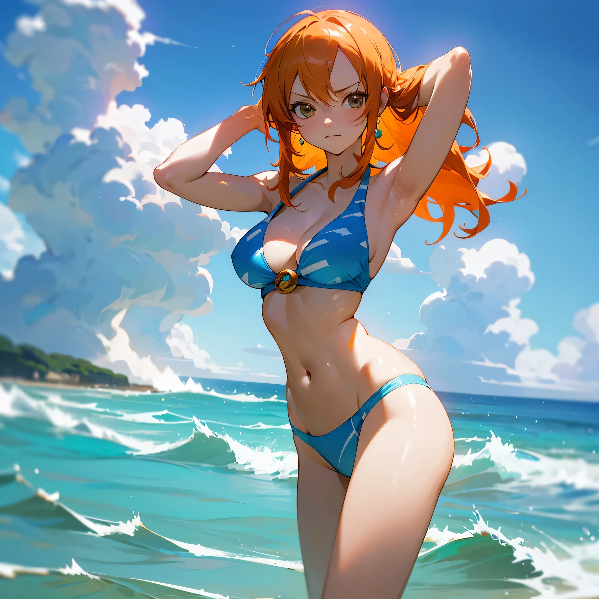 Nami form One piece,high resolution, 8k, at the beach in a blue and white bikini,looking at the viewer, ultrasharp, masterpiece, only 1 girl,she stands in the center of the screen,looking at you,orange hair,she straightens her hair with hands