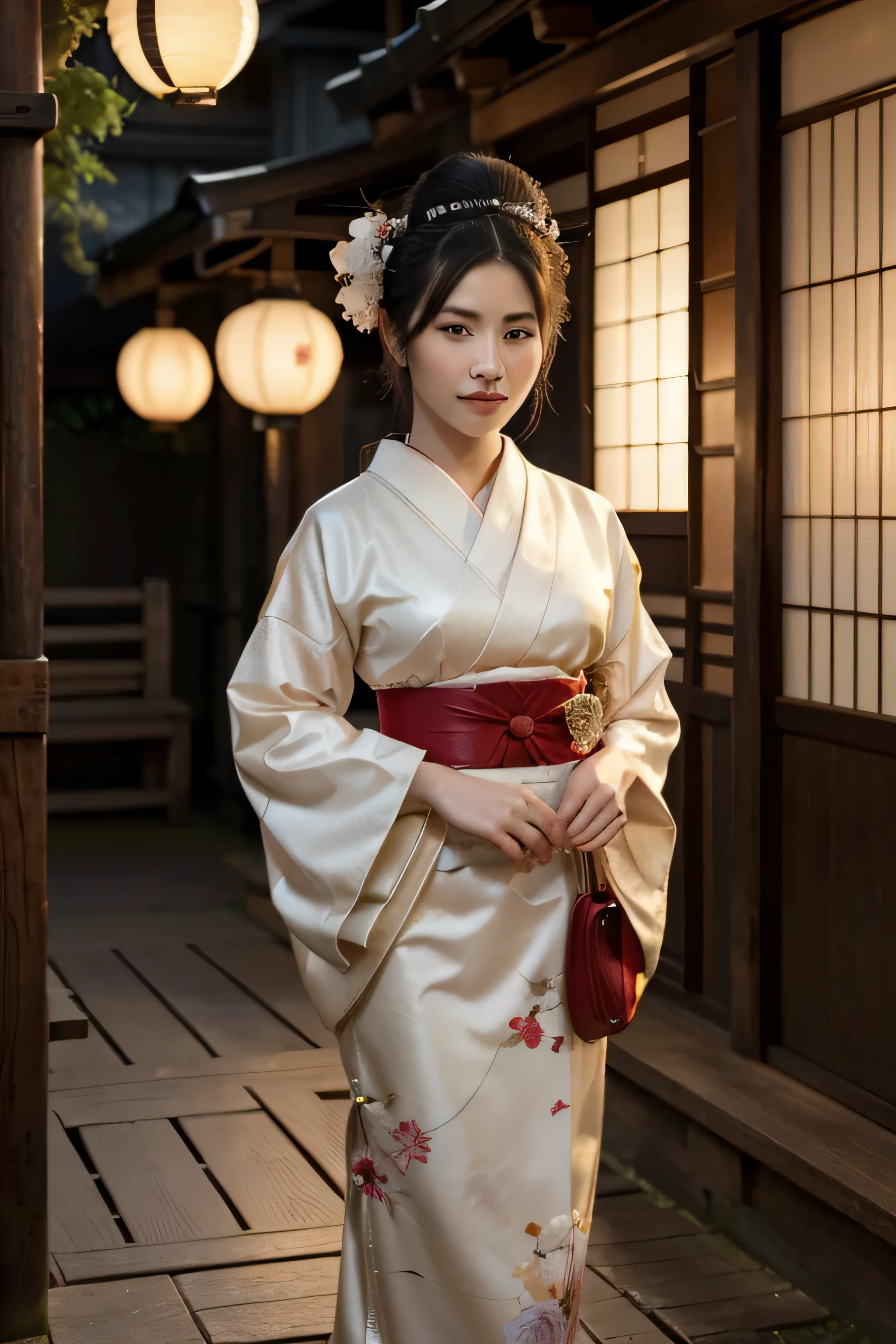 (best quality,4k,8k,highres,masterpiece:1.2),ultra-detailed,(realistic,photorealistic,photo-realistic:1.37),beautiful detailed eyes,beautiful detailed lips,extremely detailed eyes and face,long eyelashes,japanese woman,geisha in traditional clothing,well-groomed woman,slightly smiling,35-40 years old,5 fingers on each hand,japanese street,traditional atmosphere,traditional atmosphere,detailed kimono,geisha's white face makeup,graceful,gentle expression,geisha hairstyle,traditional japanese lanterns,lively japanese street,floral hair accessories,captivating atmosphere,vibrant colors,picturesque background,subtle smile,serene ambiance,traditional japanese setting,geisha walking elegantly,japanese culture immersion,authentic experience,meticulously crafted,professional-grade,masterful artistry,immersive painting-like effect,attention to detail,exquisite choice of colors,fine brushwork,reminiscent of traditional japanese art,HDR,UHD,studio lighting,vivid colors,lighting and shadows meticulously rendered,polished image composition,painterly quality,artistic flair,unfading beauty,exotic charm,ethereal elegance,meticulously hand-painted aesthetics.