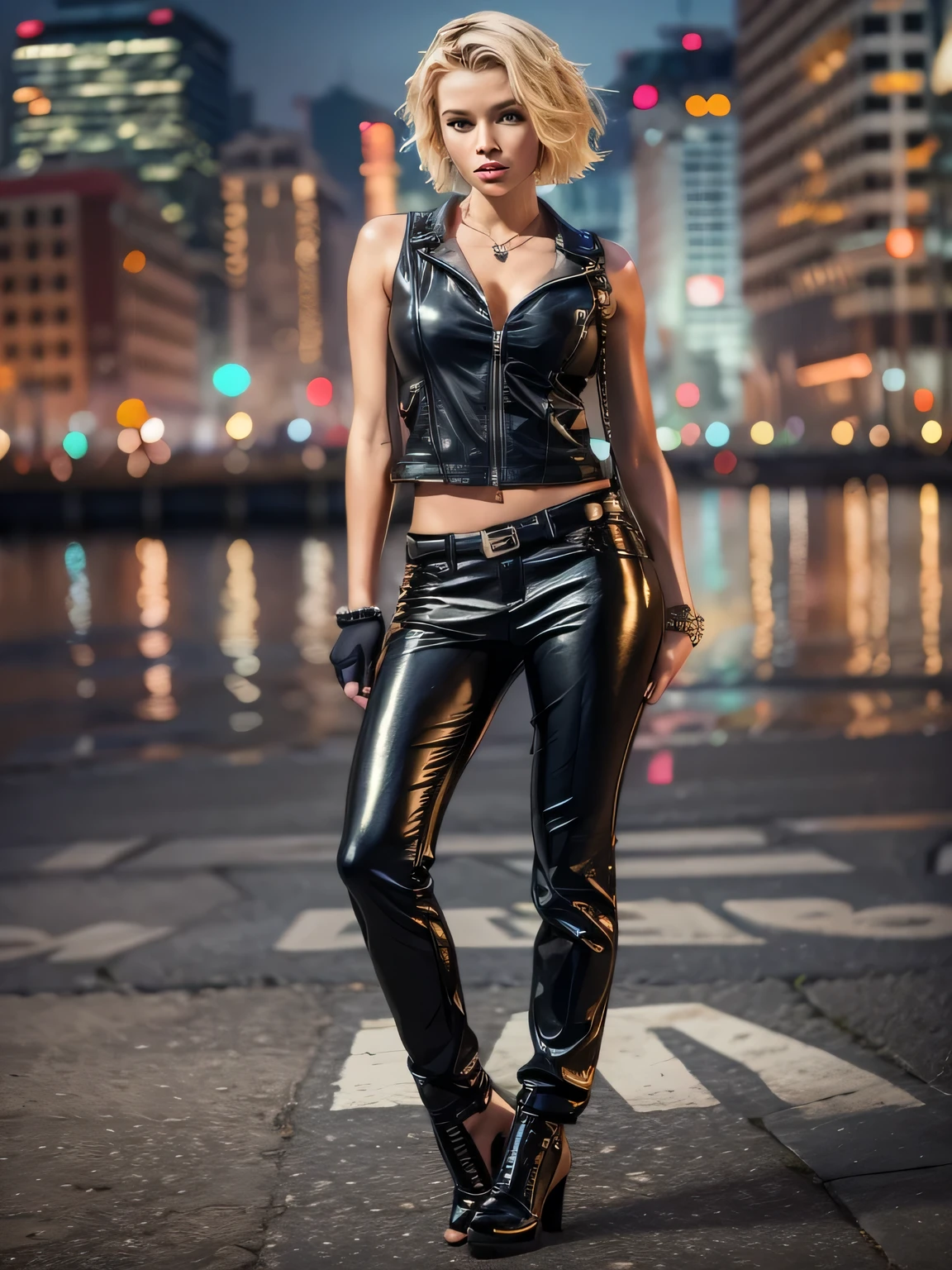 (masutepiece, Best Quality), ultra-detailliert, Photorealsitic,  full body, a beautiful female model, ((Coordinating sexy leather jackets)), a necklace, Ring Accessories, short blonde Hair, Perfect face, Beautiful face, enticing, gorgeous eyes, heavy make up, red-lips, Dark Eye Makeup, seducting smile, Night city, tank top, pvc pants