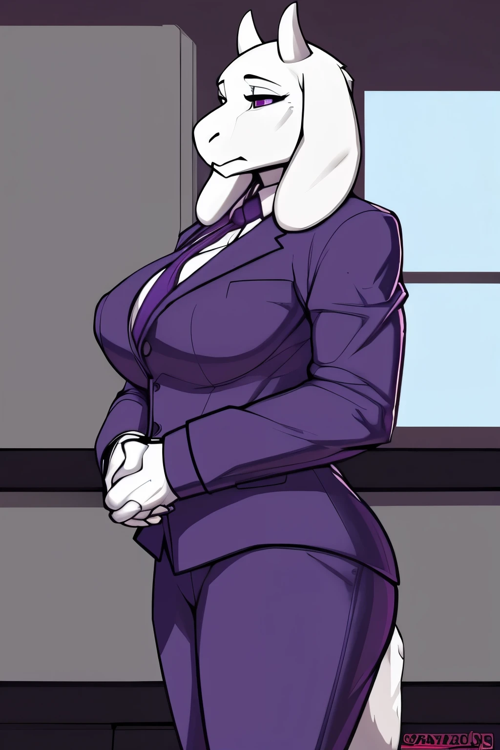 buff, muscular, female, mature, Toriel, full_breasts, purple business suit, standing up, clasped hands, solo, Masterpiece, best quality, absurdres, highly detailed, cleanly drawn eyes, anthro only, by_claweddrip, by_greasymojo, by_underscore-b, by_runawaystride