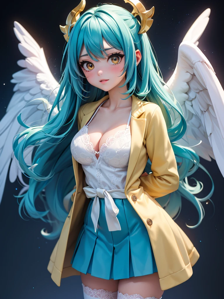 (masterpiece, best quality:1.3), (Super detailed:1.3), 1 girl, Hatsune, (light blue hair, messy hair, long hair), (Colorful angel wings), (Colorful Angel Halo), Big breasts, yellow eyes, (White shirt, waist cardigan, Reveals lace lingerie, Aqua coat, convertible long coat, Roll up sleeves, Dark blue skirt, Stockings), Cowboy shooting, movie lighting, (((glowing light particles))), (Put your arms behind your back), Dynamic angle,