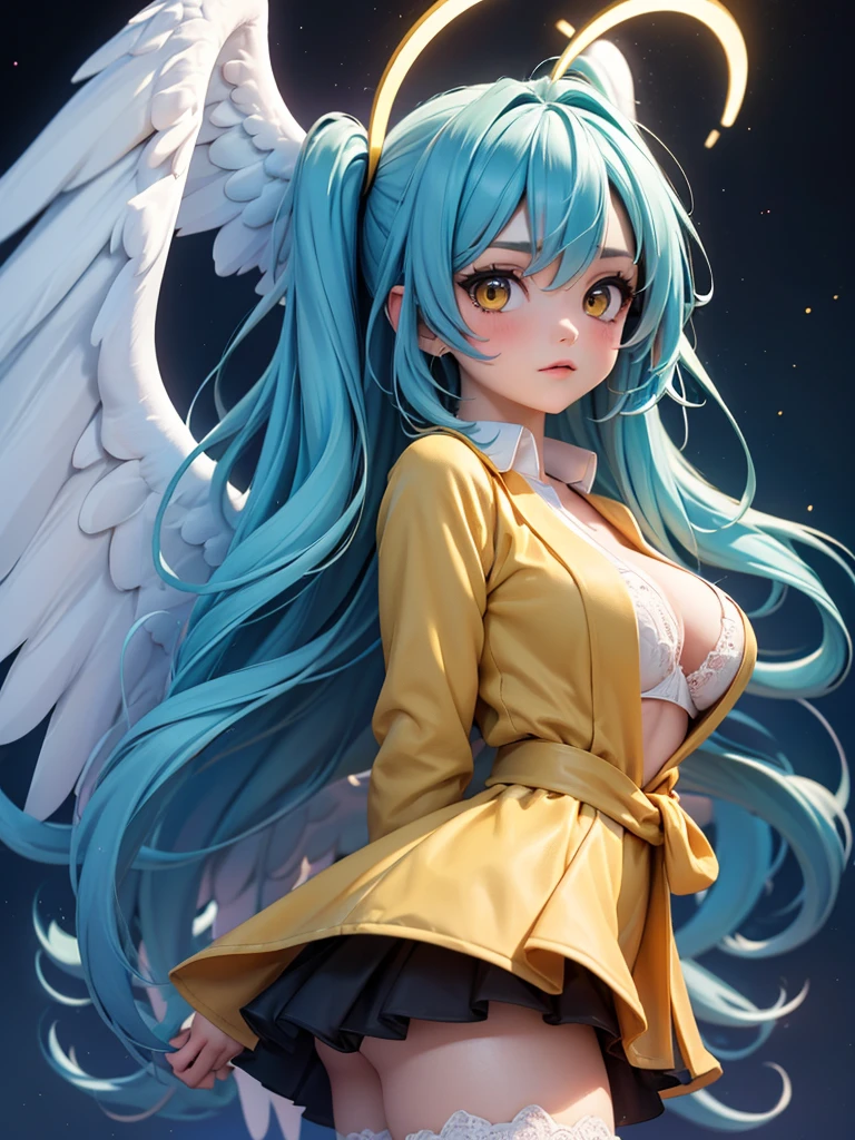 (masterpiece, best quality:1.3), (Super detailed:1.3), 1 girl, Hatsune, (light blue hair, messy hair, long hair), (Colorful angel wings), (Colorful Angel Halo), Big breasts, yellow eyes, (White shirt, waist cardigan, Reveals lace lingerie, Aqua coat, convertible long coat, Roll up sleeves, Dark blue skirt, Stockings), Cowboy shooting, movie lighting, (((glowing light particles))), (Put your arms behind your back), Dynamic angle,