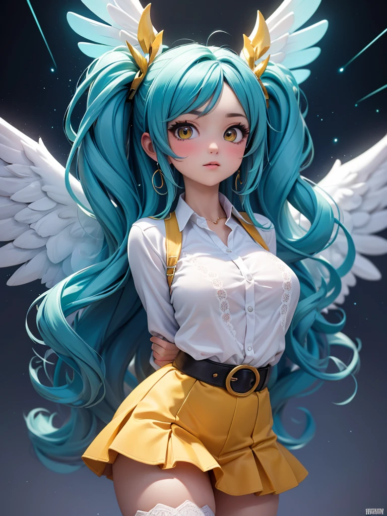 (masterpiece, best quality:1.3), (Super detailed:1.3), 1 girl, Hatsune, (light blue hair, messy hair, long hair), (Colorful angel wings), (Colorful Angel Halo), Big breasts, yellow eyes, (White shirt, waist cardigan, Reveals lace lingerie, Aqua coat, convertible long coat, Roll up sleeves, Dark blue skirt, Stockings), Cowboy shooting, movie lighting, (((glowing light particles))), (Put your arms behind your back), Dynamic angle,