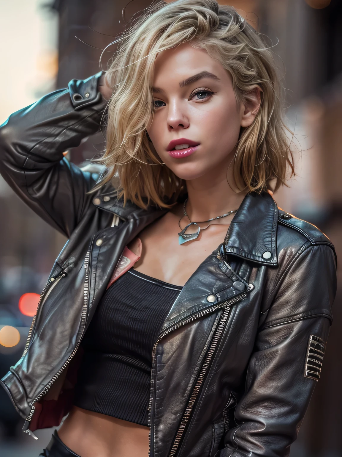 (Masterpiece, Best Quality), ultra-detailliert, Photorealsitic,  full body, a beautiful female model, ((Coordinating sexy leather jackets)), a necklace, Ring Accessories, short blonde Hair, Perfect face, Beautiful face, enticing, gorgeous eyes, heavy make up, red-lips, Dark Eye Makeup, seducting smile, Night city, tank top, pvc pants, 16K, ultra high res.photorealistic, UHD, RAW