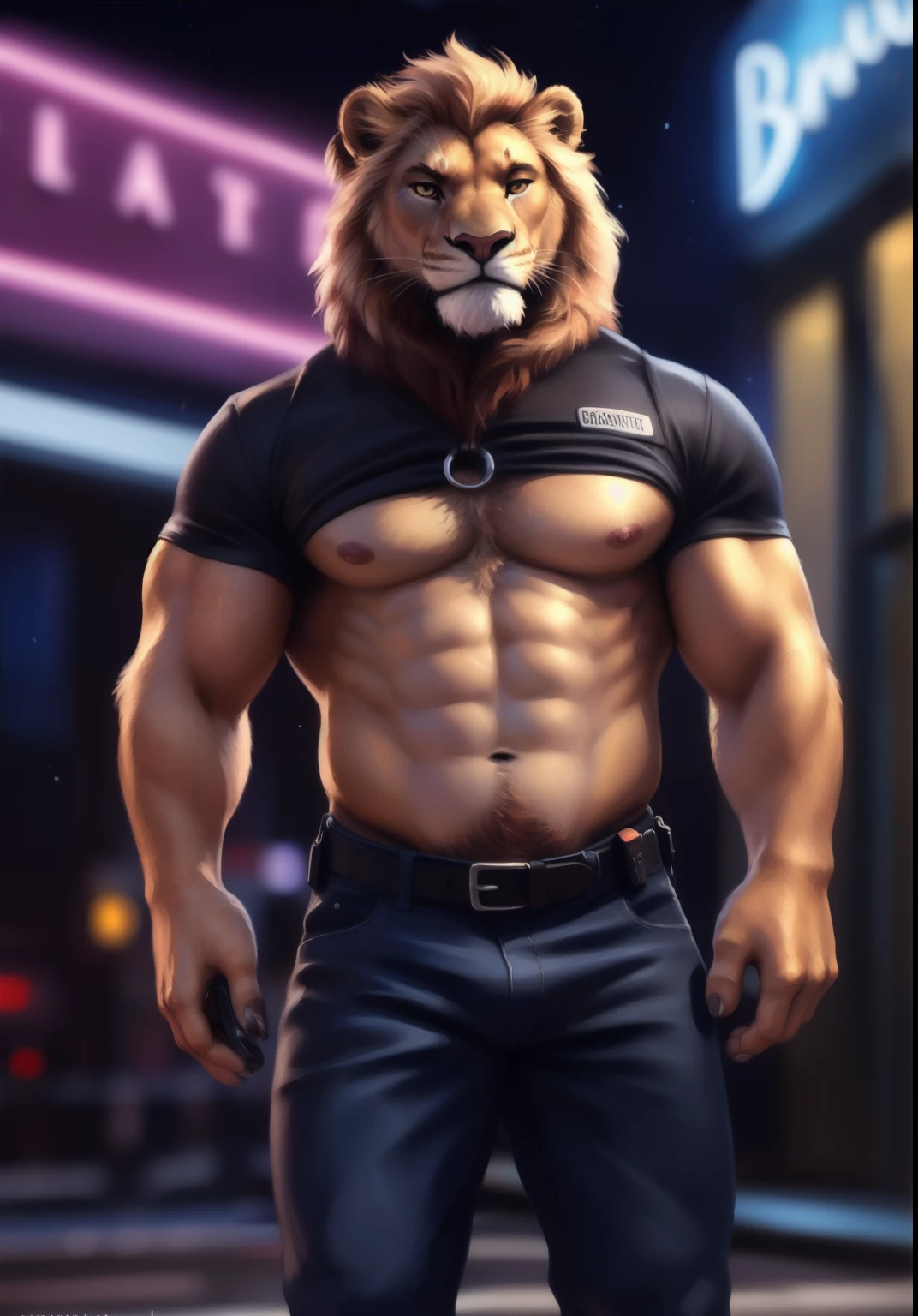 Lion, male, solo, adult, abs, pecs, nipples, security guard, security guard outfit, black shirt, blue jeans pants, lifted shirt for his hand, showing chest, muscular chest, muscular, serious_face, bodybuilder body, beefy, utility belt, out of discotheque Background, night, neon lights, looking_at_viewer, by bruteandbrawn, by personalami, by kenket, (intricate, high detail, film photography, soft focus, RAW candid cinema,
photorealism, realistic, photorealistic, analog style, subsurface scattering,
masterpiece, best quality, ultra realistic, 8k)