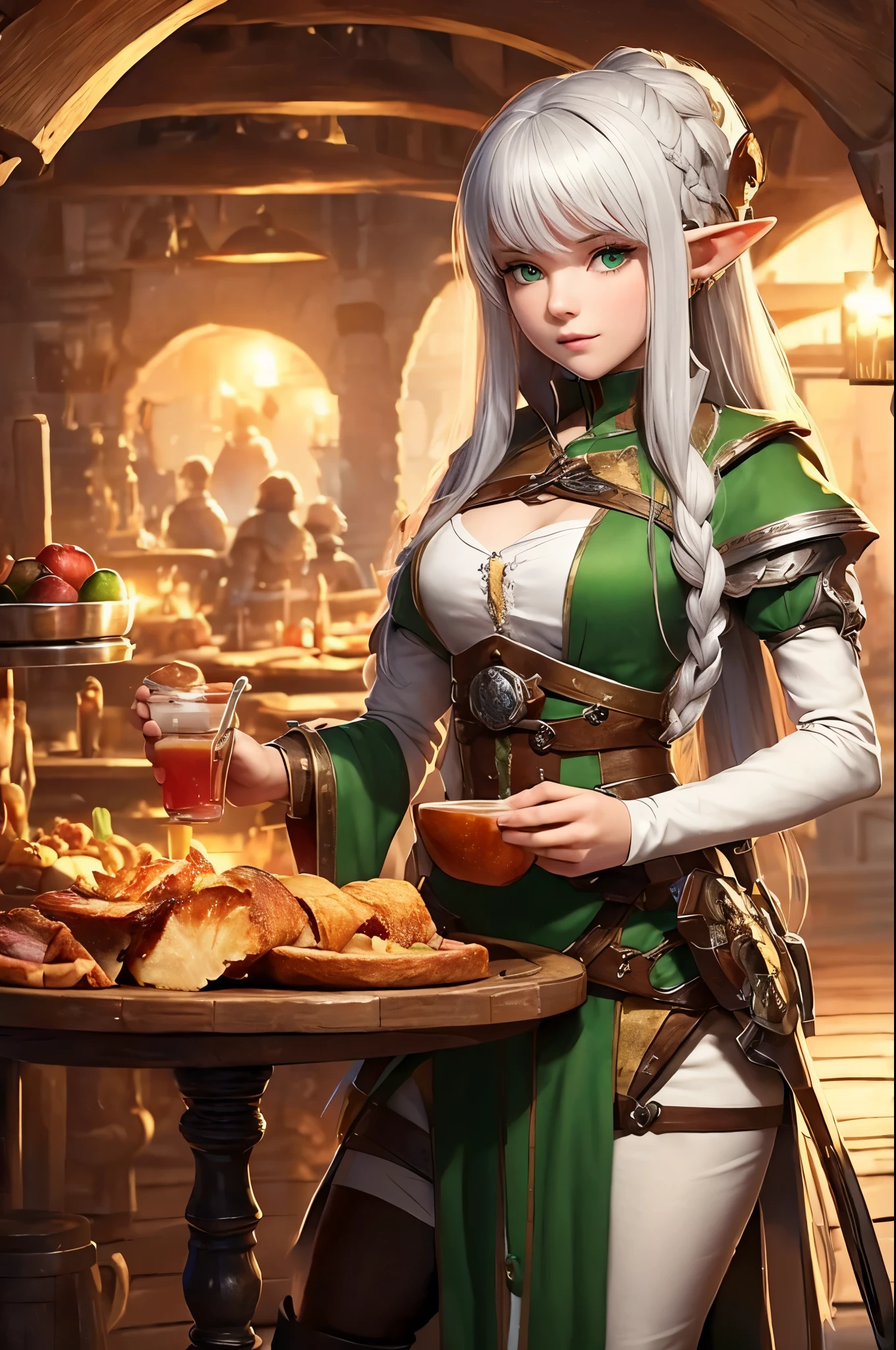 (master piece), 8k, best quality, panoramic view, full body view, , Elf, young, ************, with slightly flushed white skin, subtly contrasting with her long, silver hair. Her body was slender and athletic, with a height of 168cm that gave her a natural elegance. Her green eyes, conservatively detailed warrior outfit, sitting in the tavern, eating a fruit juice and a plate of roasted ham and an apple pie for dessert,