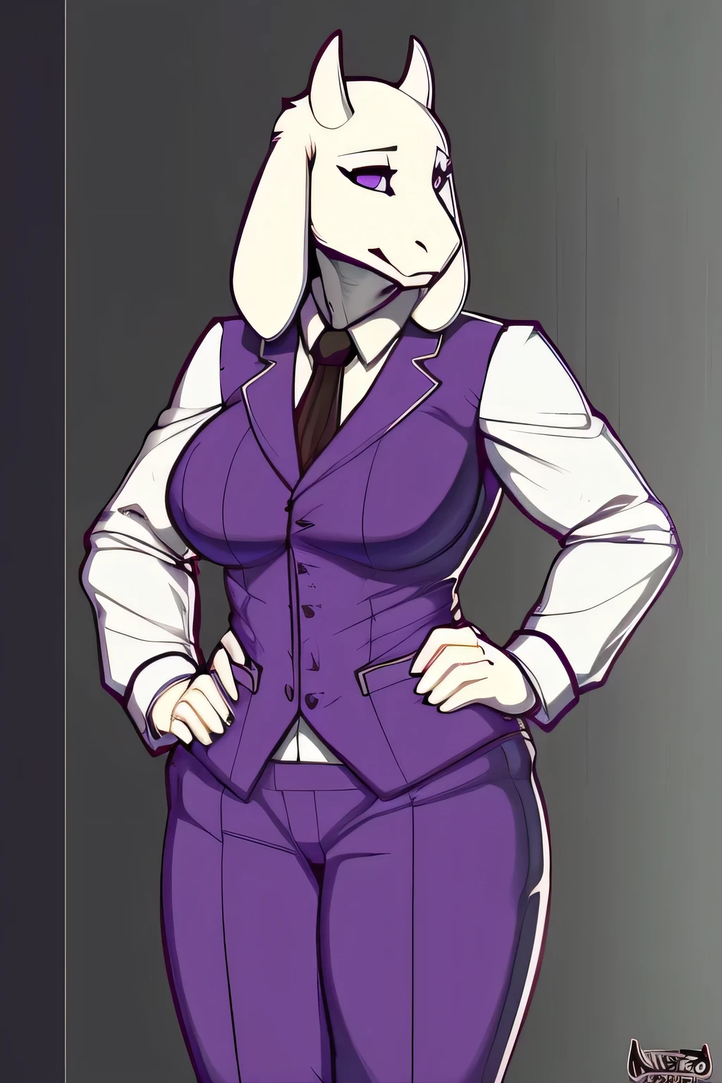 buff, muscular, female, full body, mature, Toriel, full_breasts, purple business suit, standing up, clasped hands, solo, Masterpiece, best quality, absurdres, highly detailed, cleanly drawn eyes, anthro only, by_claweddrip, by_greasymojo, by_underscore-b, by_runawaystride